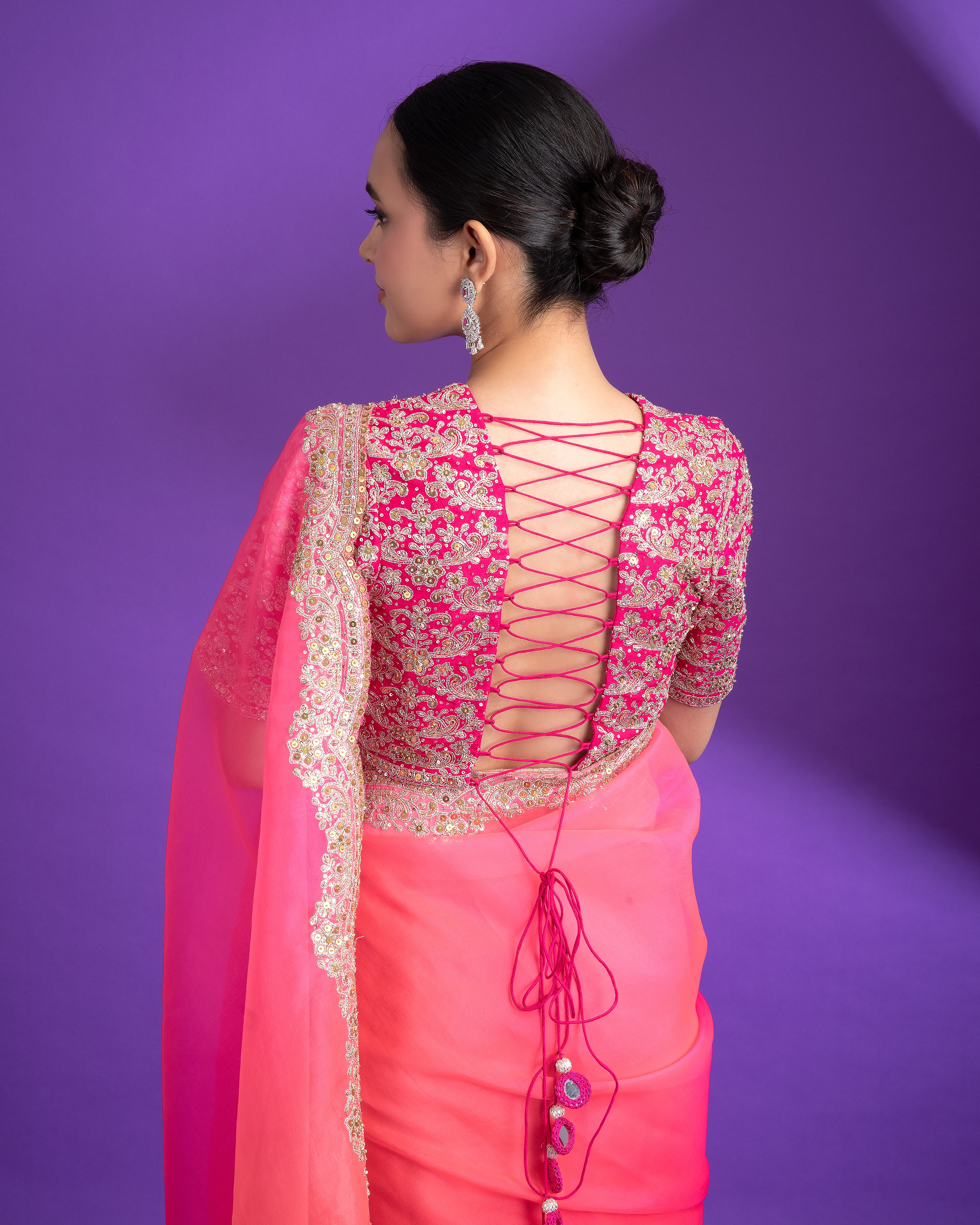 Hot Pink Organza Saree with Zari Border - Mokshaa