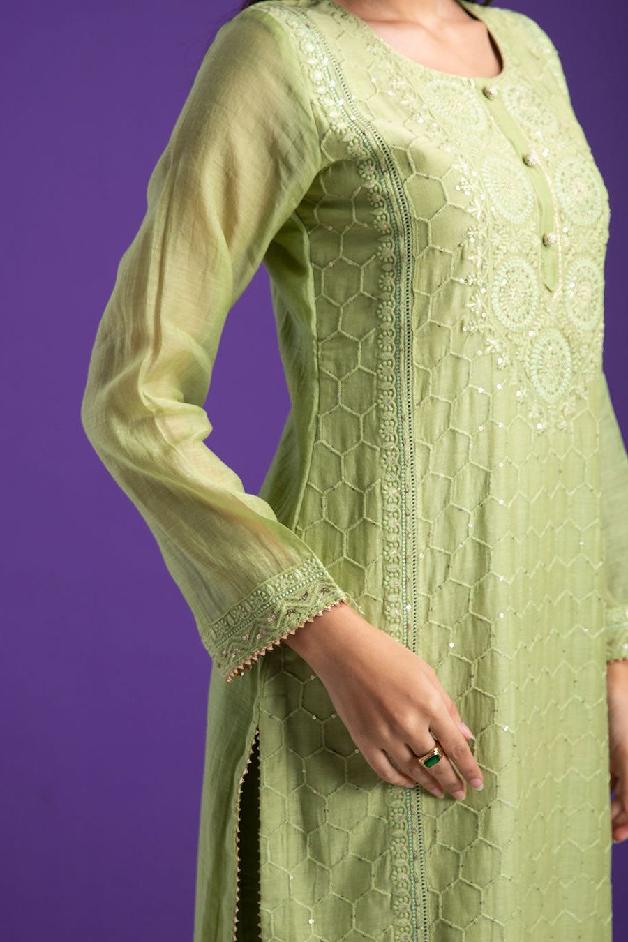 Pistachio Green Embroidered Chanderi Kurta Set - Mokshaa