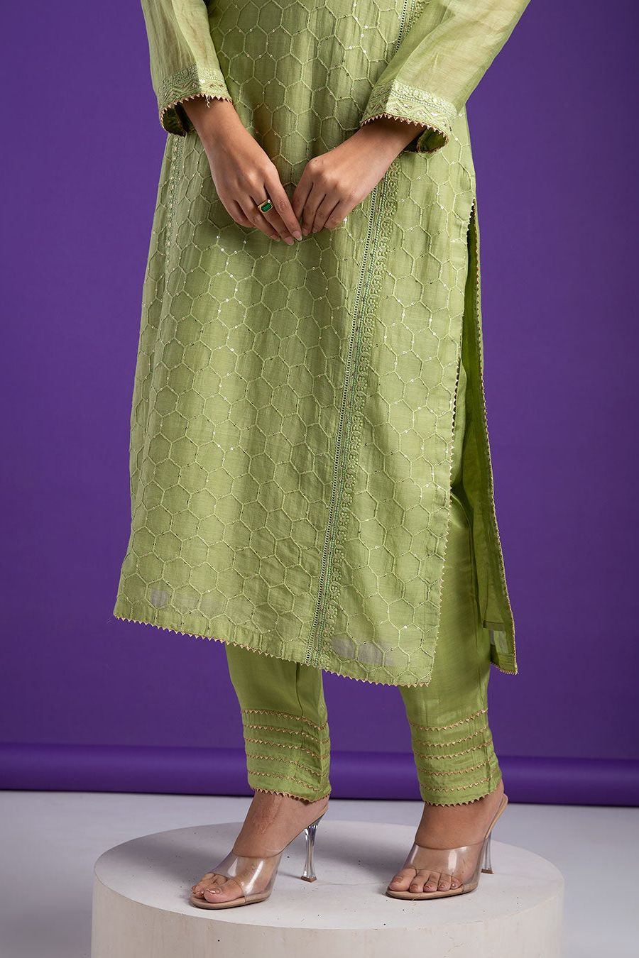 Pistachio Green Embroidered Chanderi Kurta Set - Mokshaa