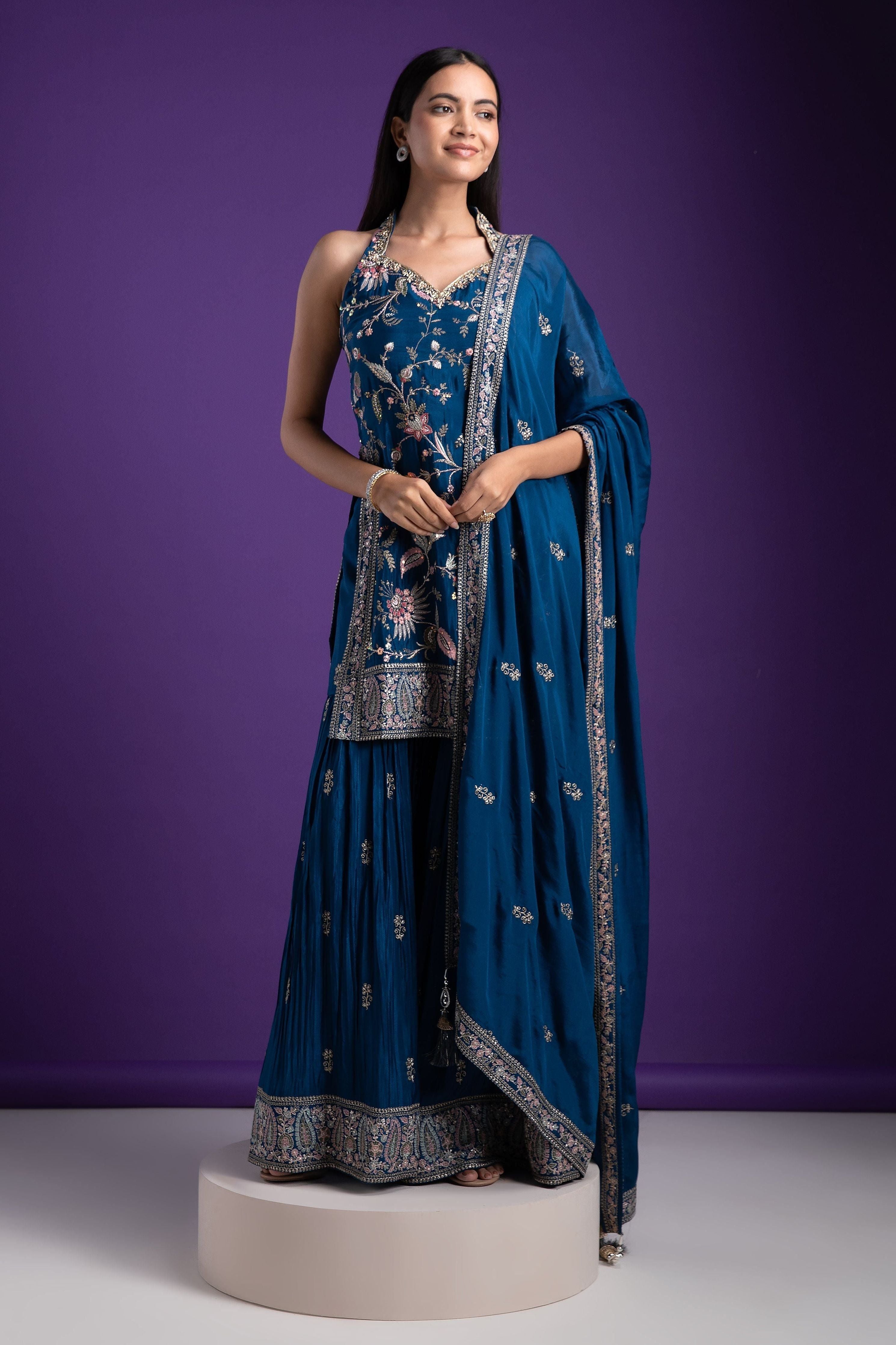 Elegant Indigo Blue Halter Neck Sharara Set - Mokshaa