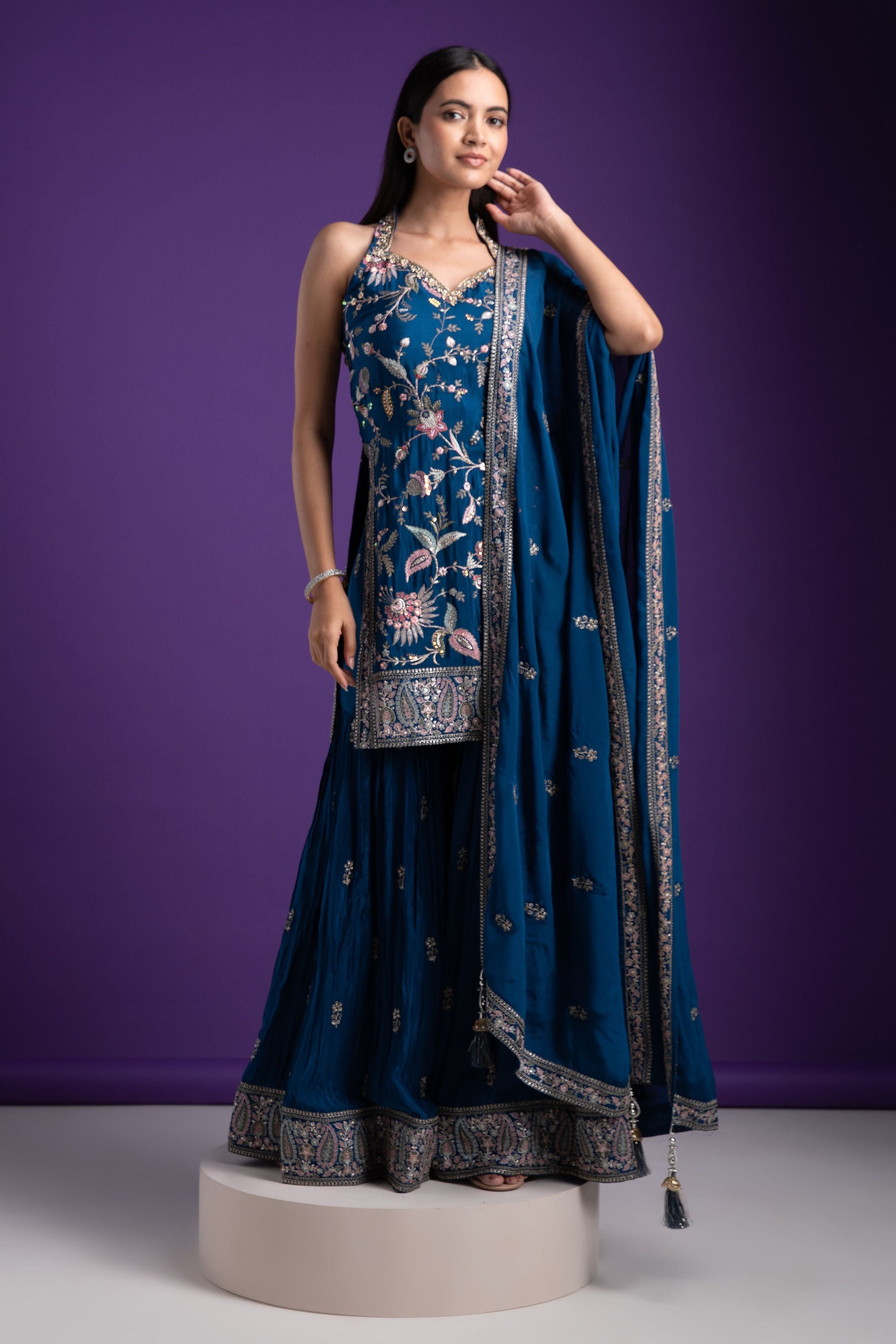 Elegant Indigo Blue Halter Neck Sharara Set - Mokshaa