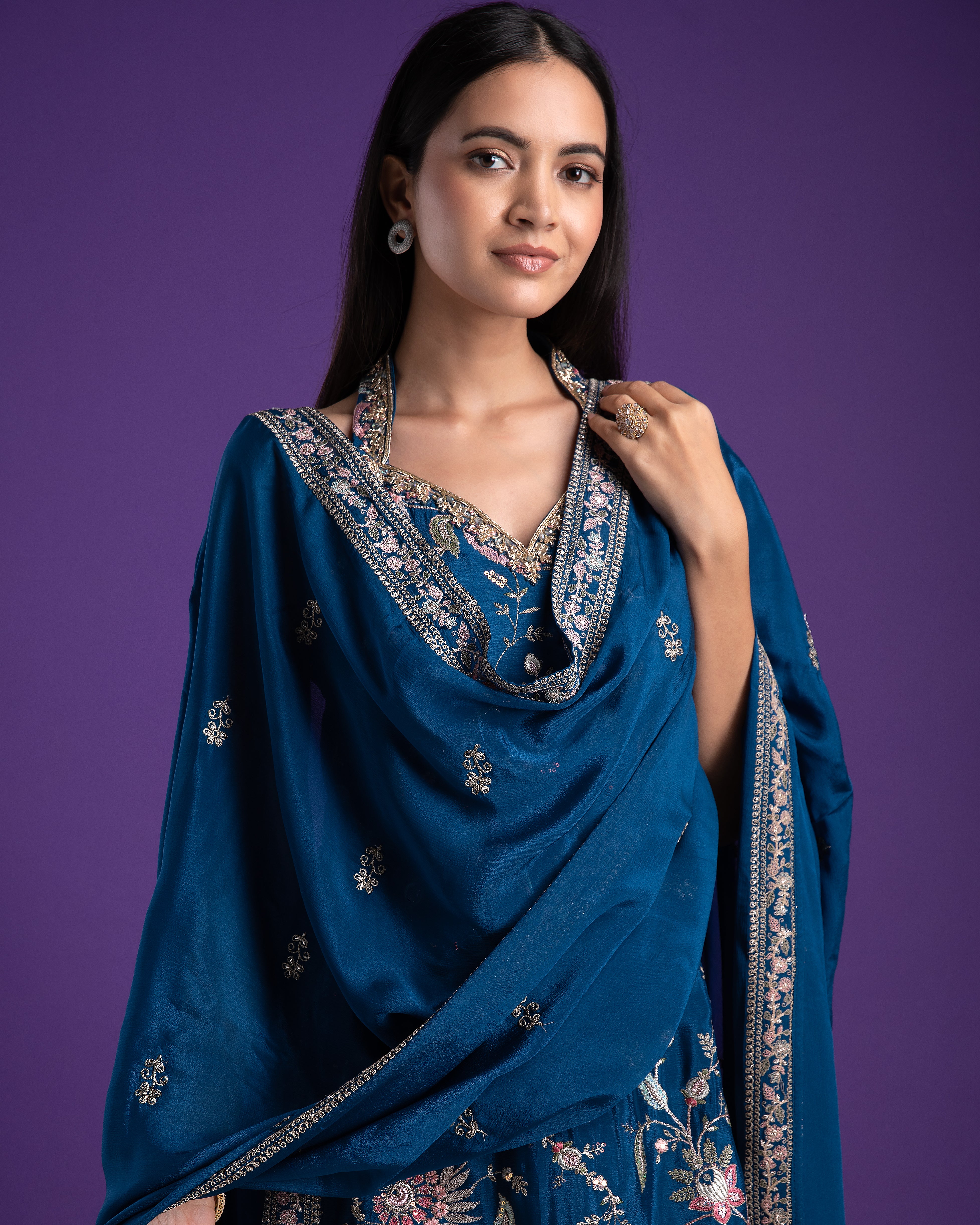 Elegant Indigo Blue Halter Neck Sharara Set - Mokshaa