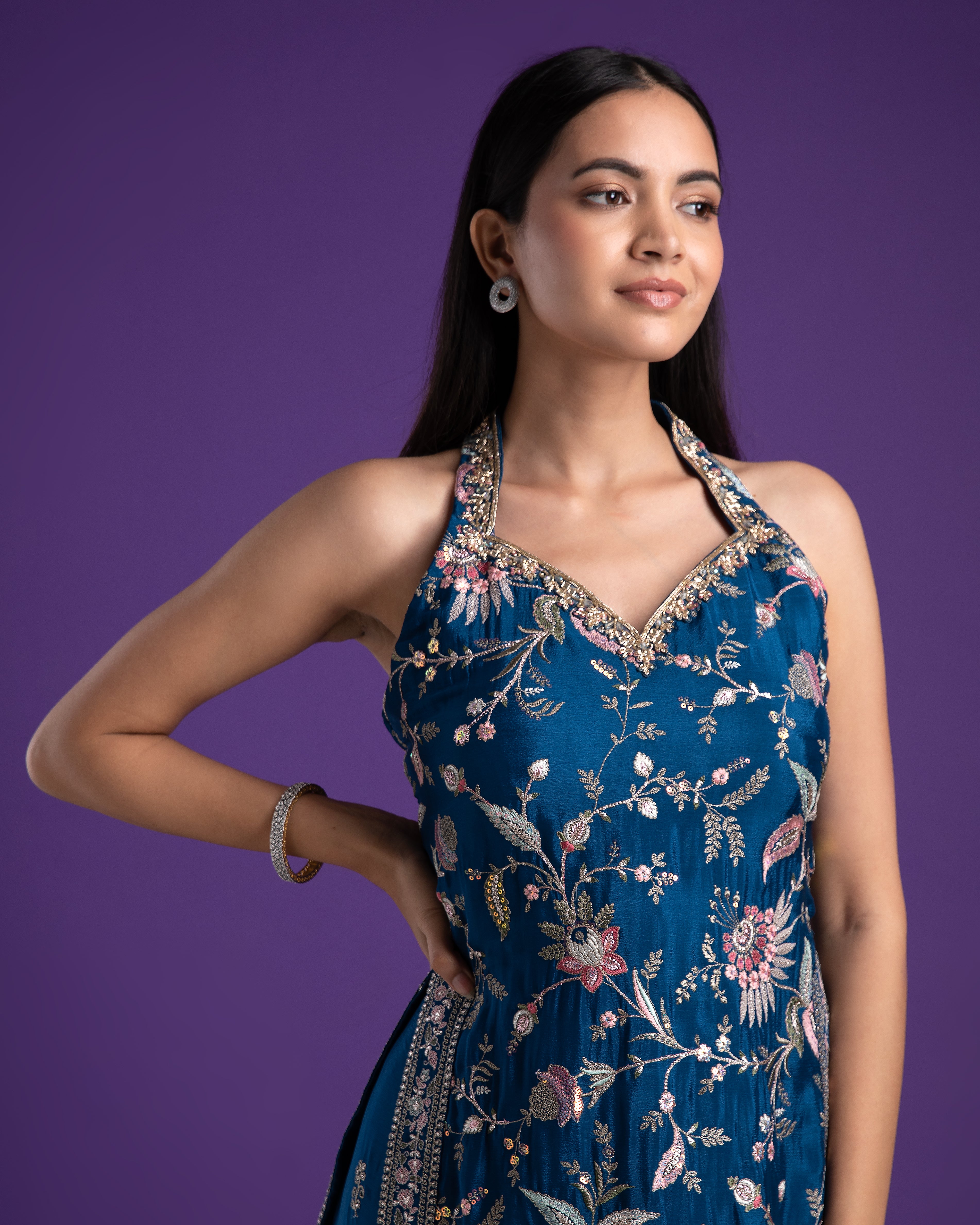 Elegant Indigo Blue Halter Neck Sharara Set - Mokshaa