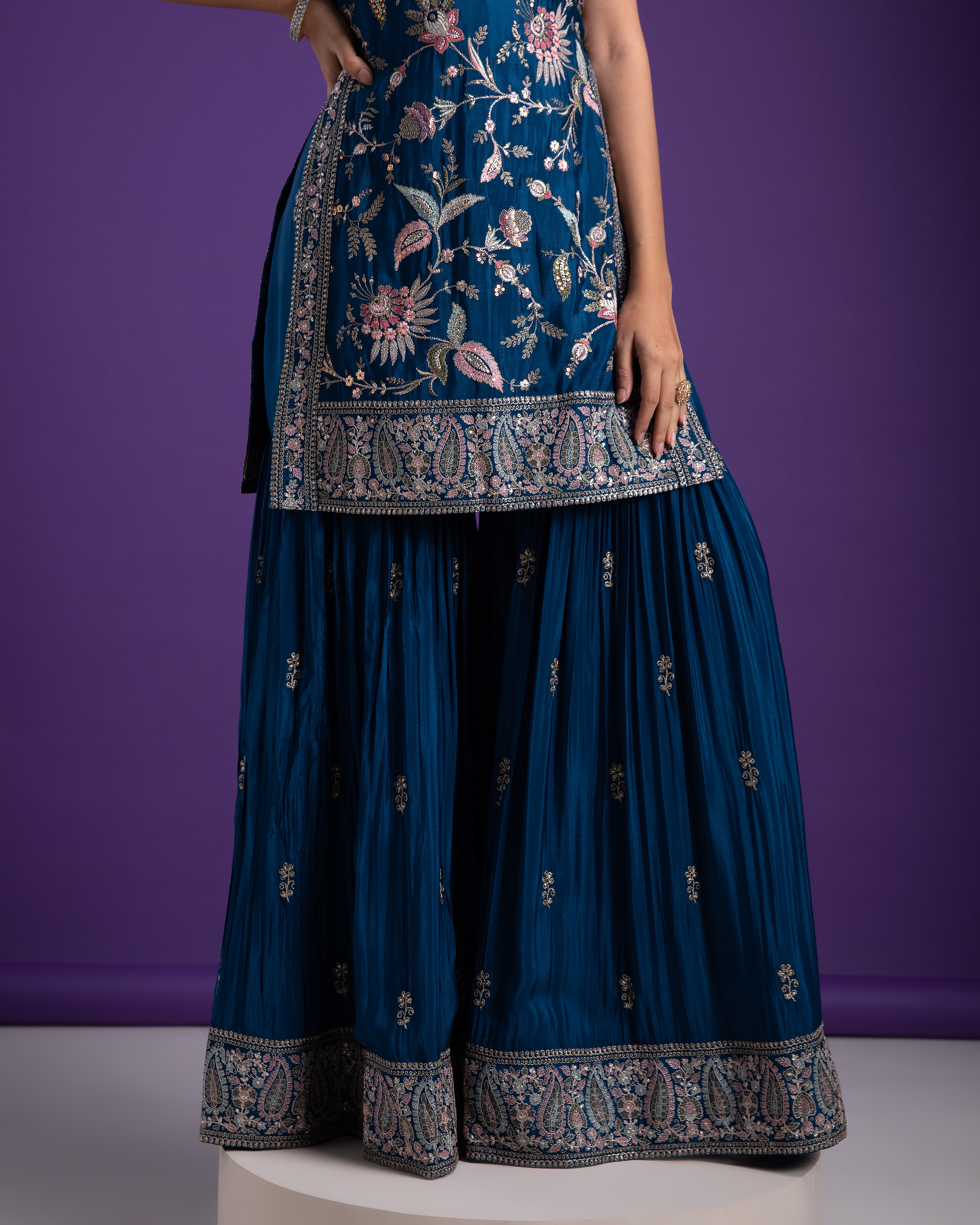 Elegant Indigo Blue Halter Neck Sharara Set - Mokshaa