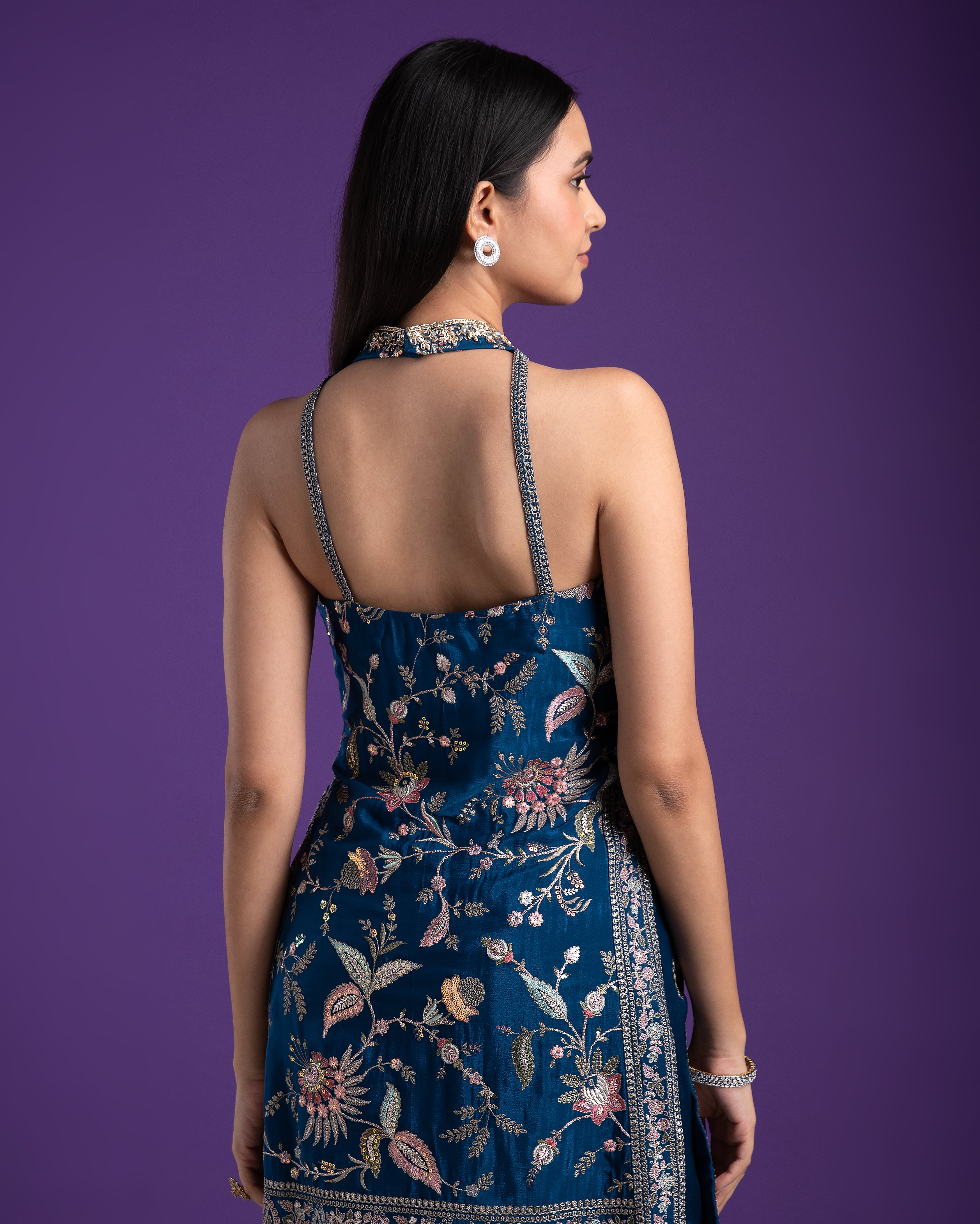 Elegant Indigo Blue Halter Neck Sharara Set - Mokshaa