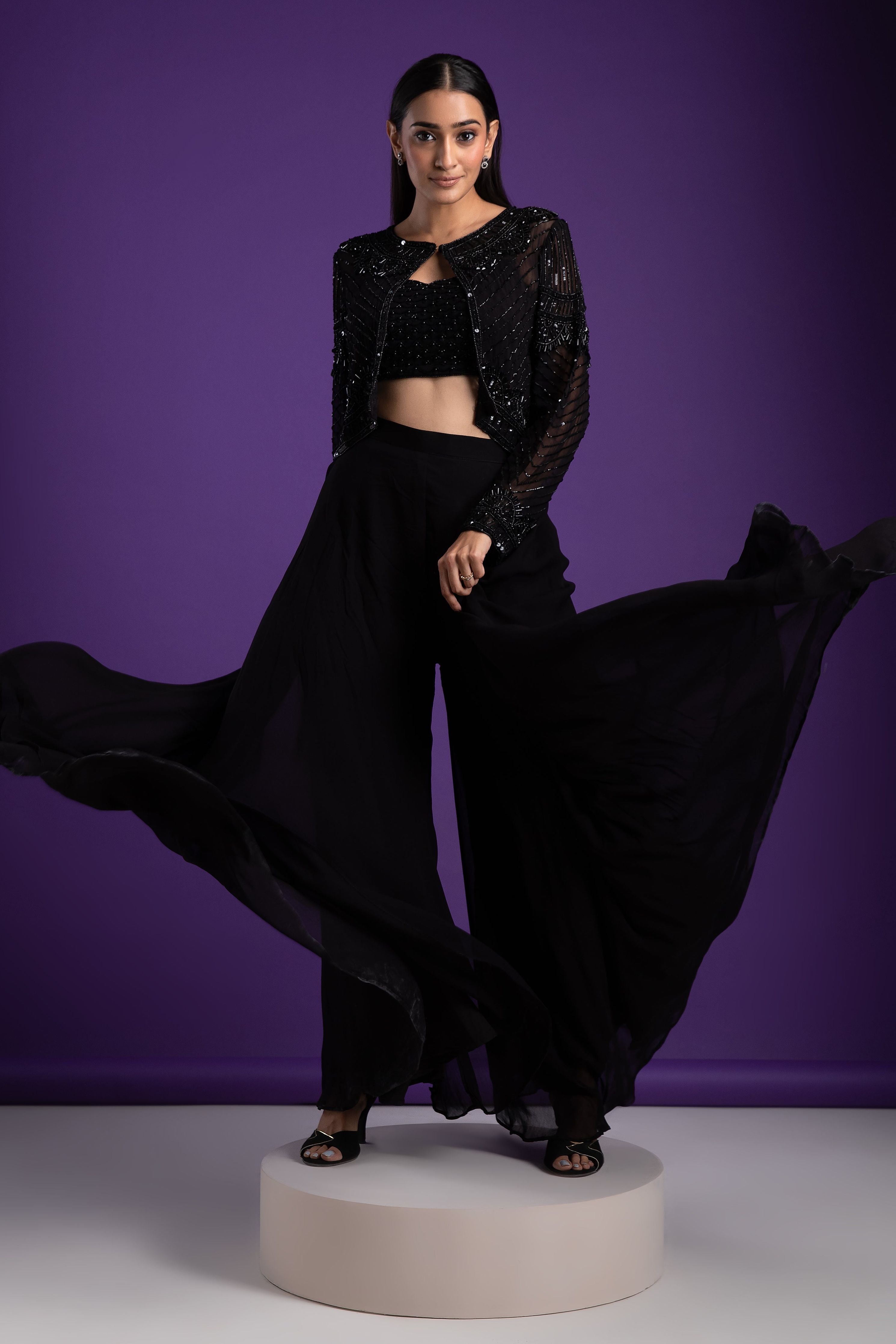 Black Palazzo Set with Embellished Crop Top and Jacket - Mokshaa