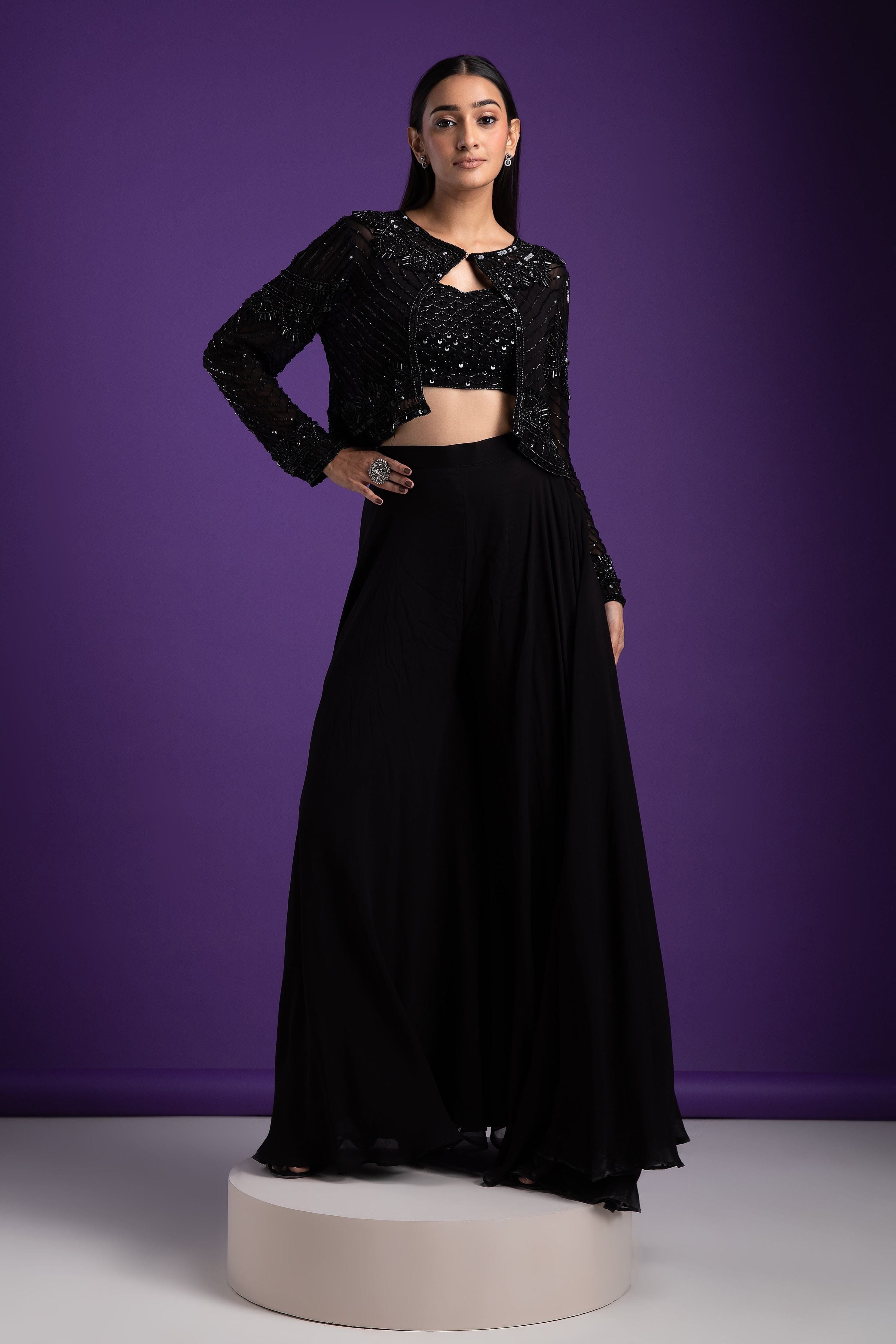 Black Palazzo Set with Embellished Crop Top and Jacket - Mokshaa