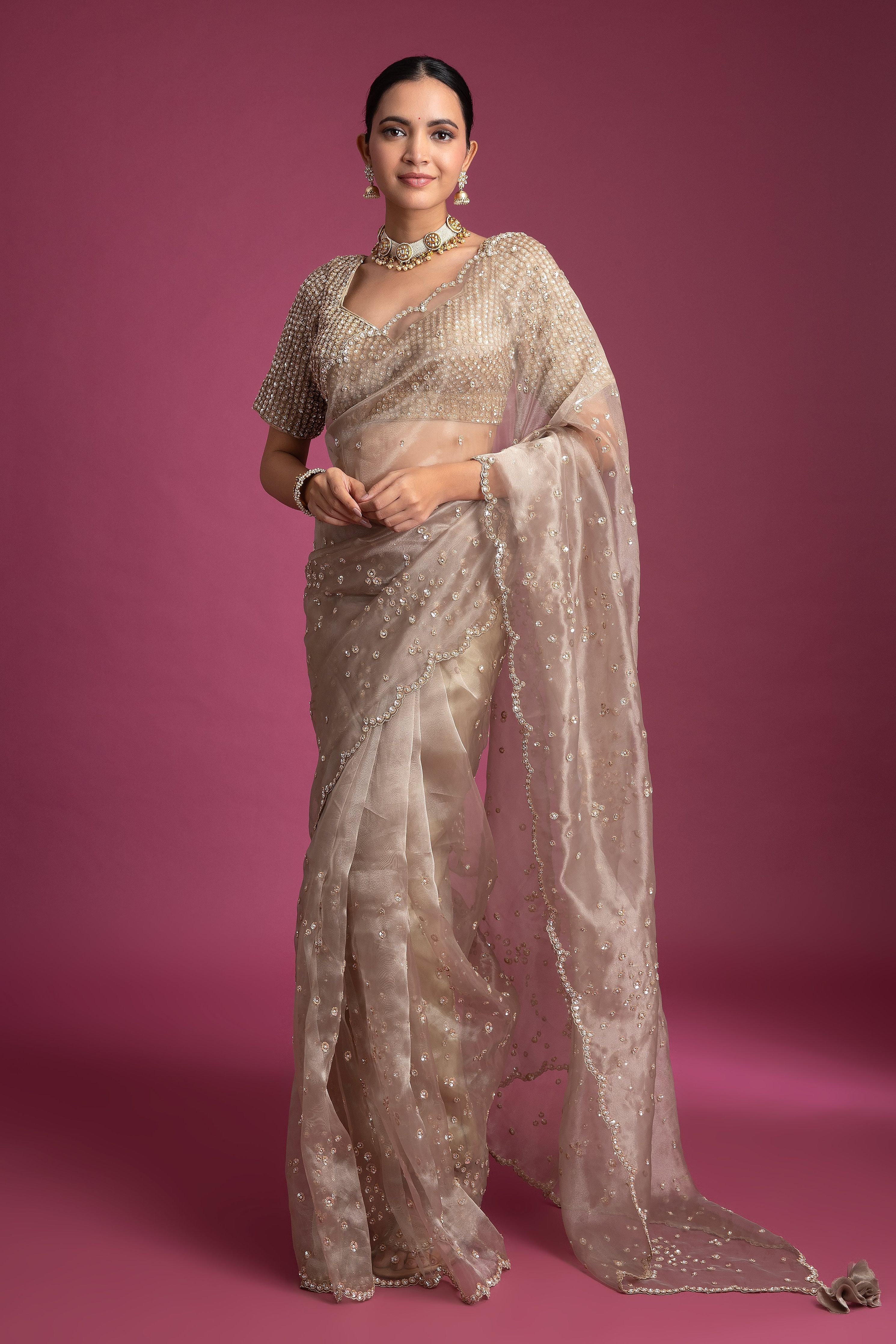 Champagne Gold Organza Tissue Saree with Scalloped Embroidery - Mokshaa