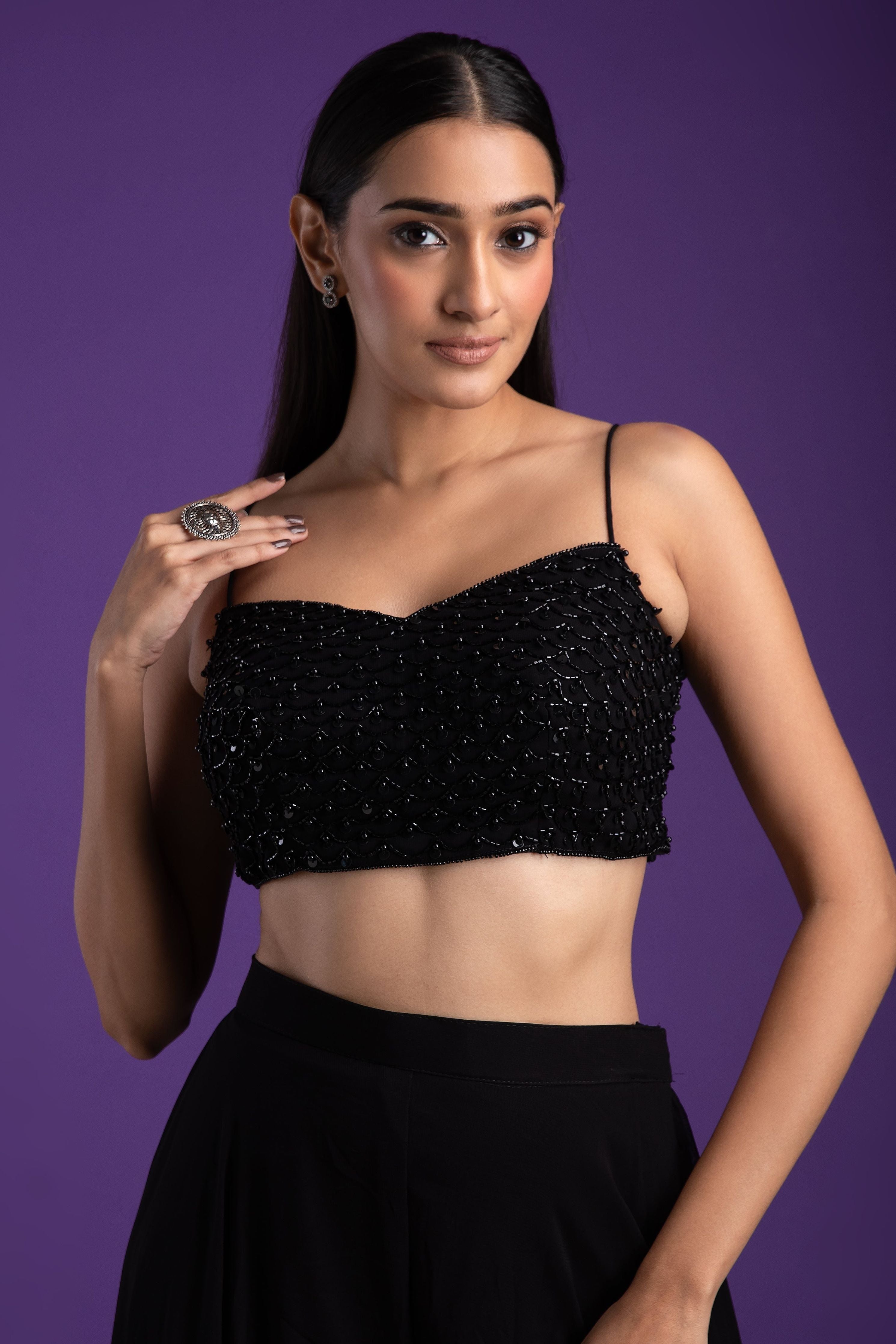 Black Palazzo Set with Embellished Crop Top and Jacket - Mokshaa