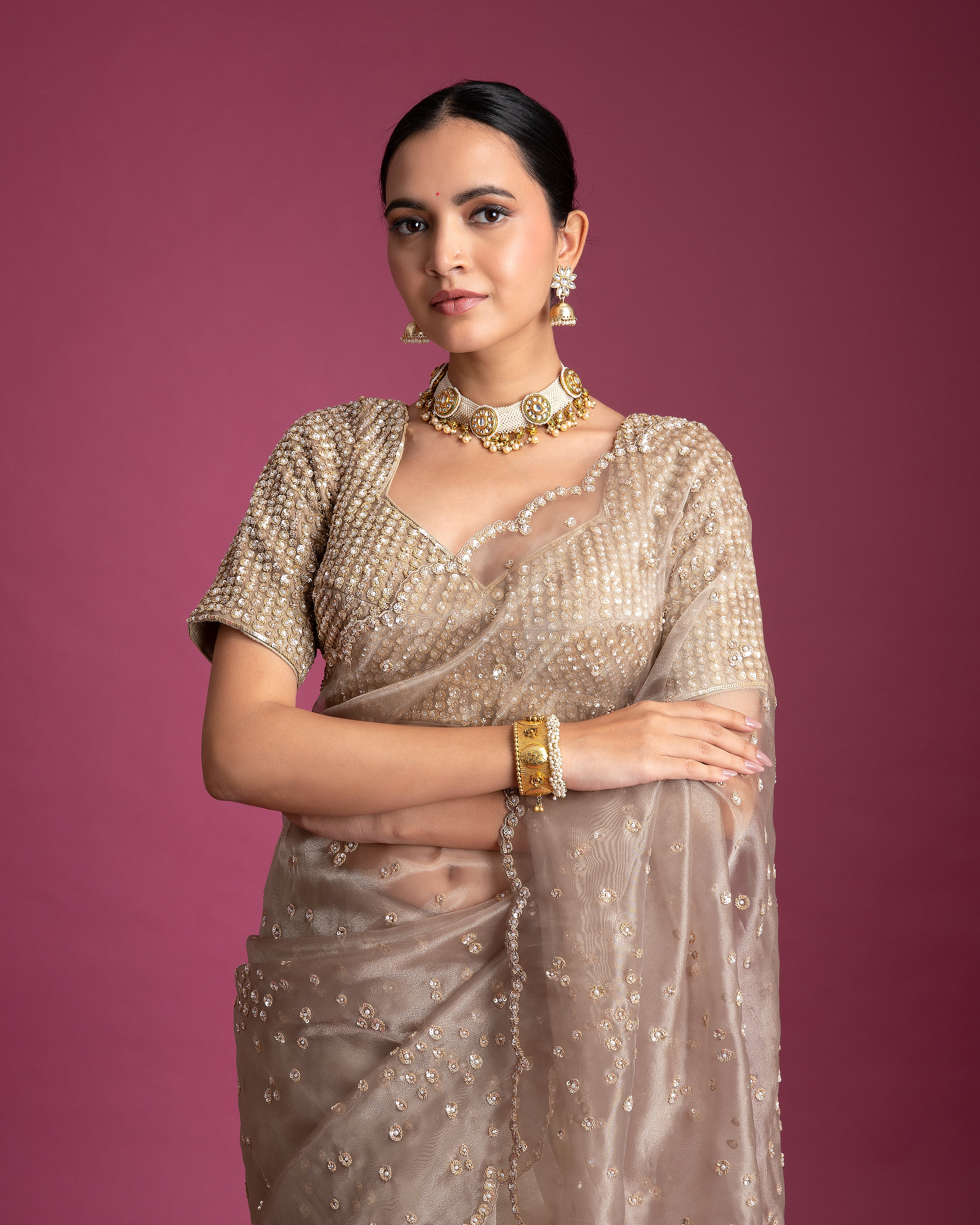 Champagne Gold Organza Tissue Saree with Scalloped Embroidery - Mokshaa