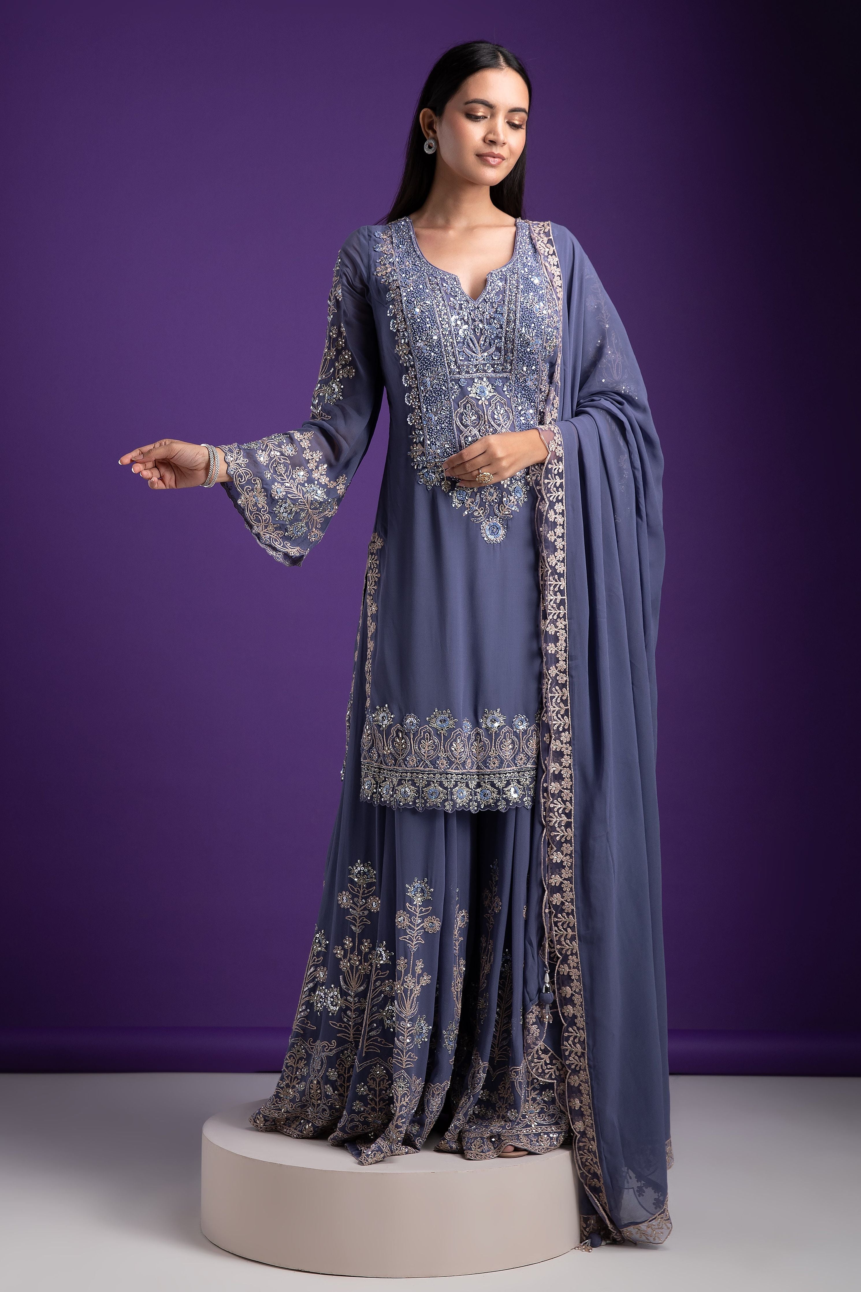 Blue Grey Sharara Set - Mokshaa