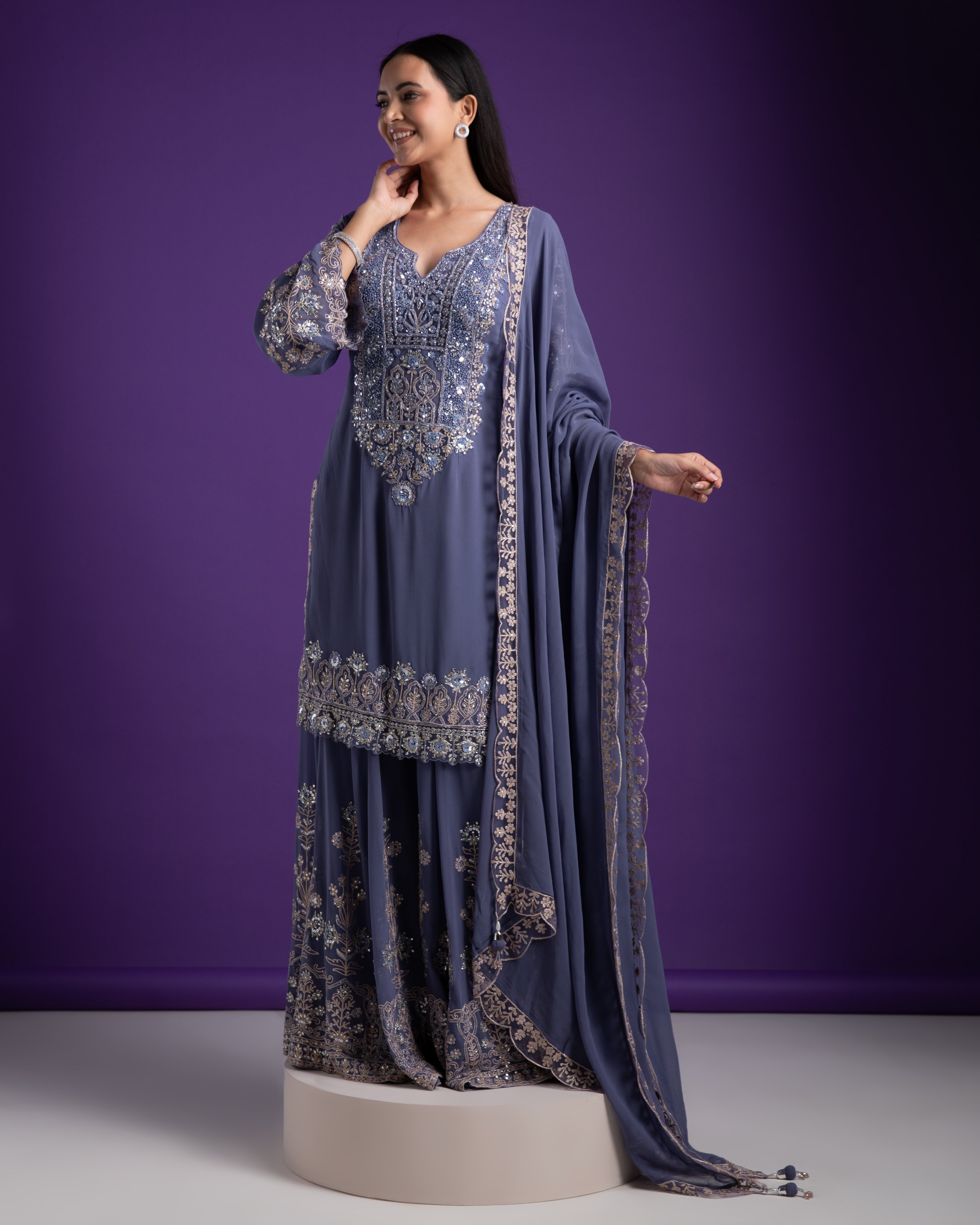 Blue Grey Sharara Set - Mokshaa