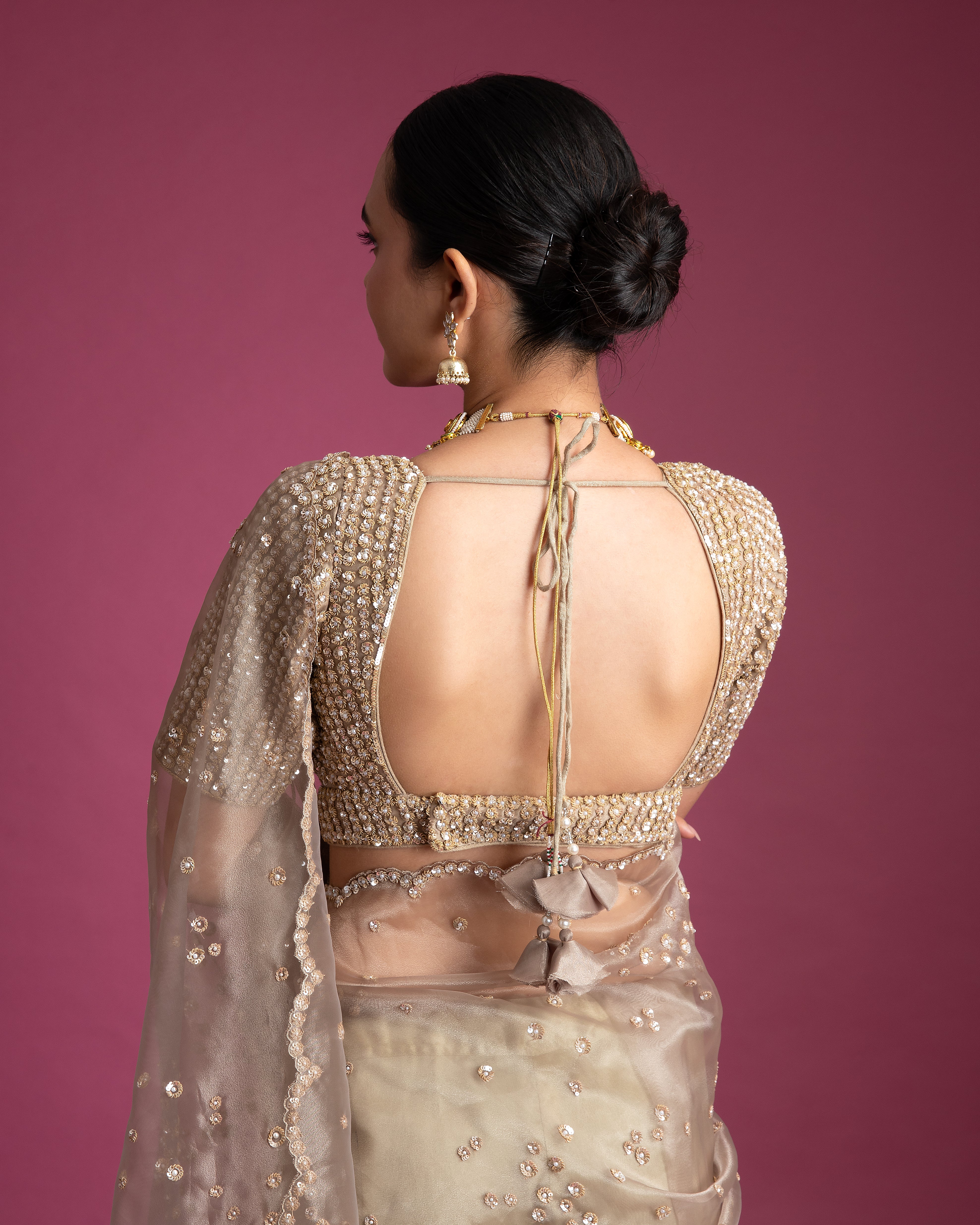 Champagne Gold Organza Tissue Saree with Scalloped Embroidery - Mokshaa