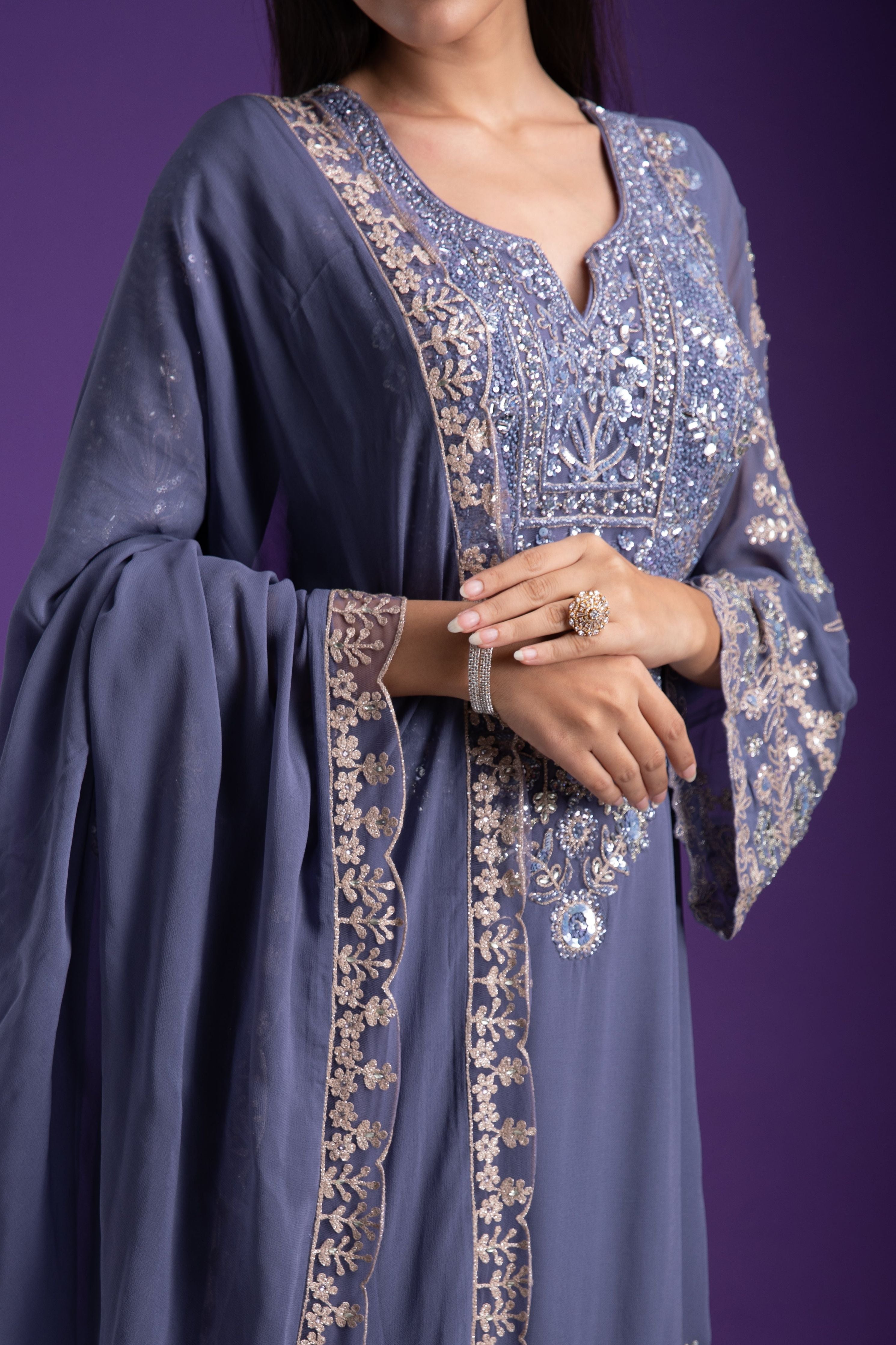 Blue Grey Sharara Set - Mokshaa