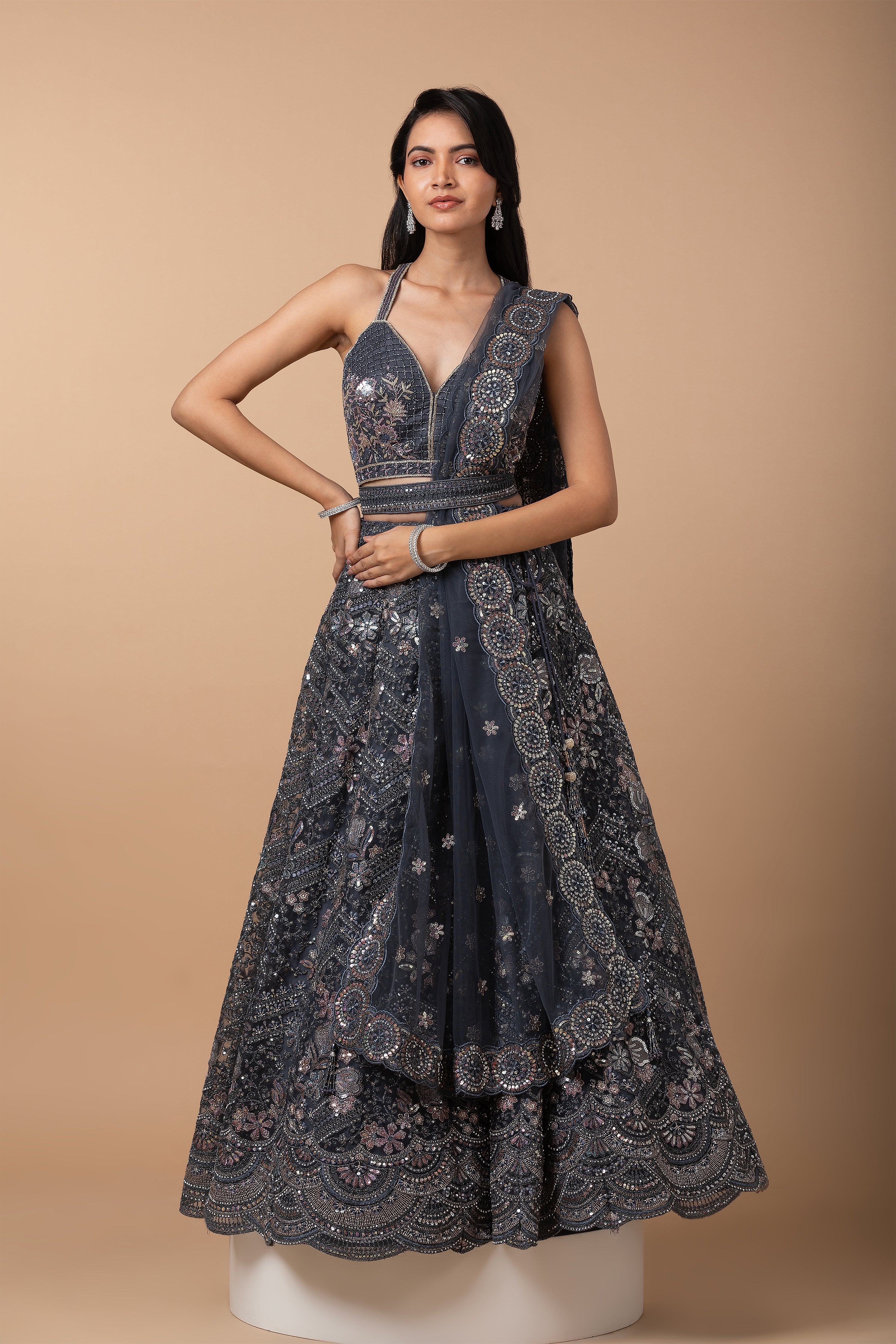 Charcoal Grey Embroidered Lehenga Set