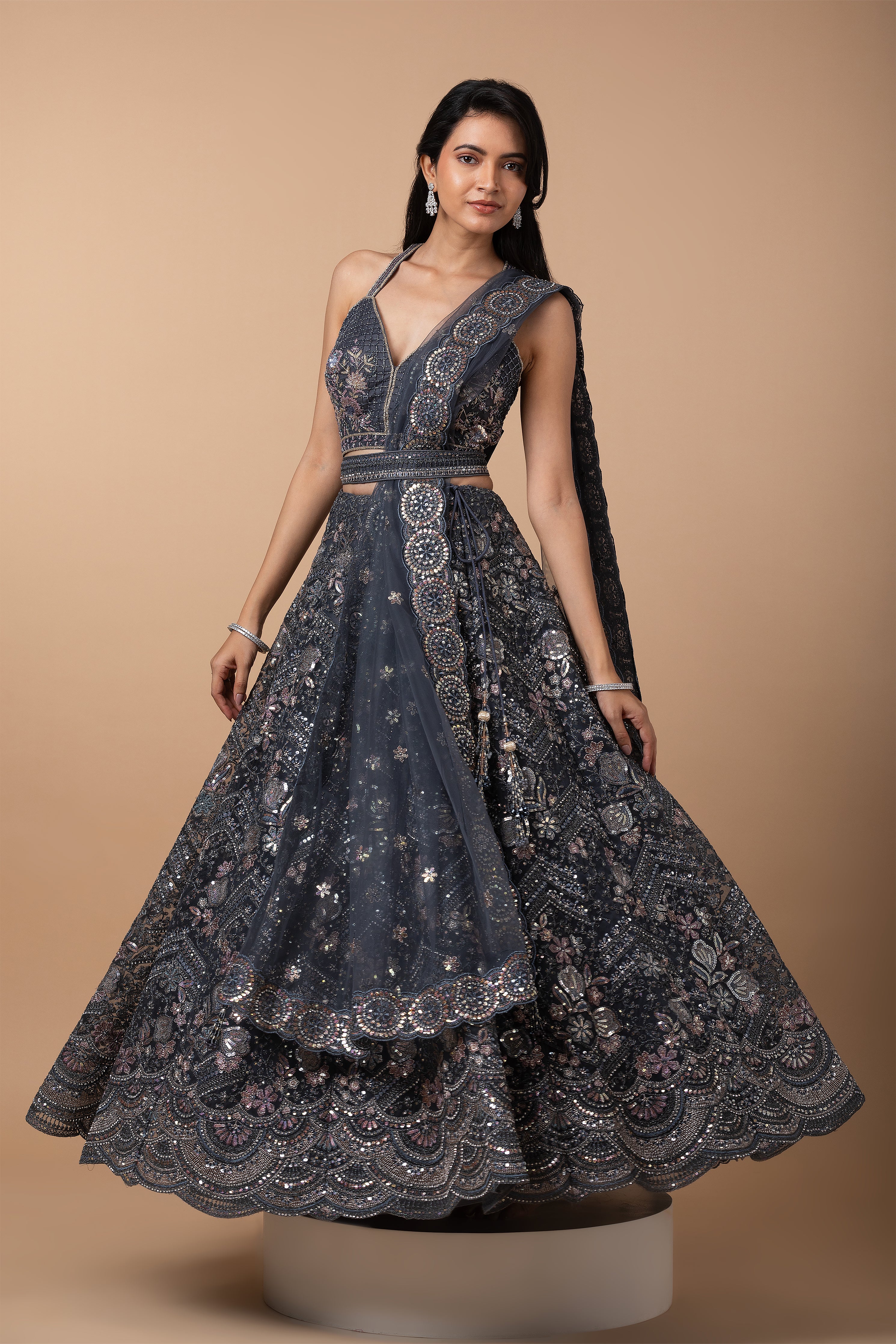 Charcoal Grey Embroidered Lehenga Set - Mokshaa