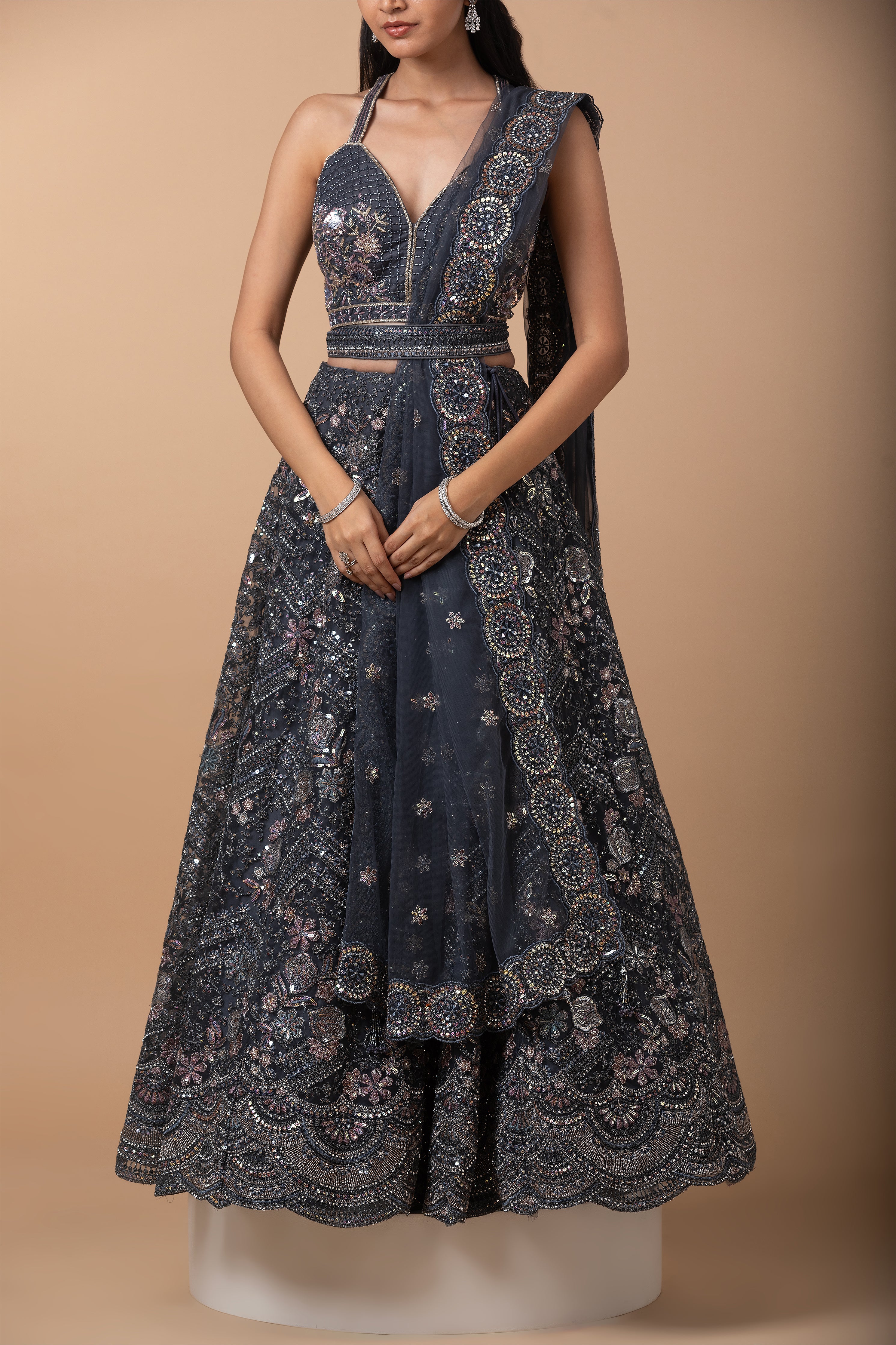 Charcoal Grey Embroidered Lehenga Set