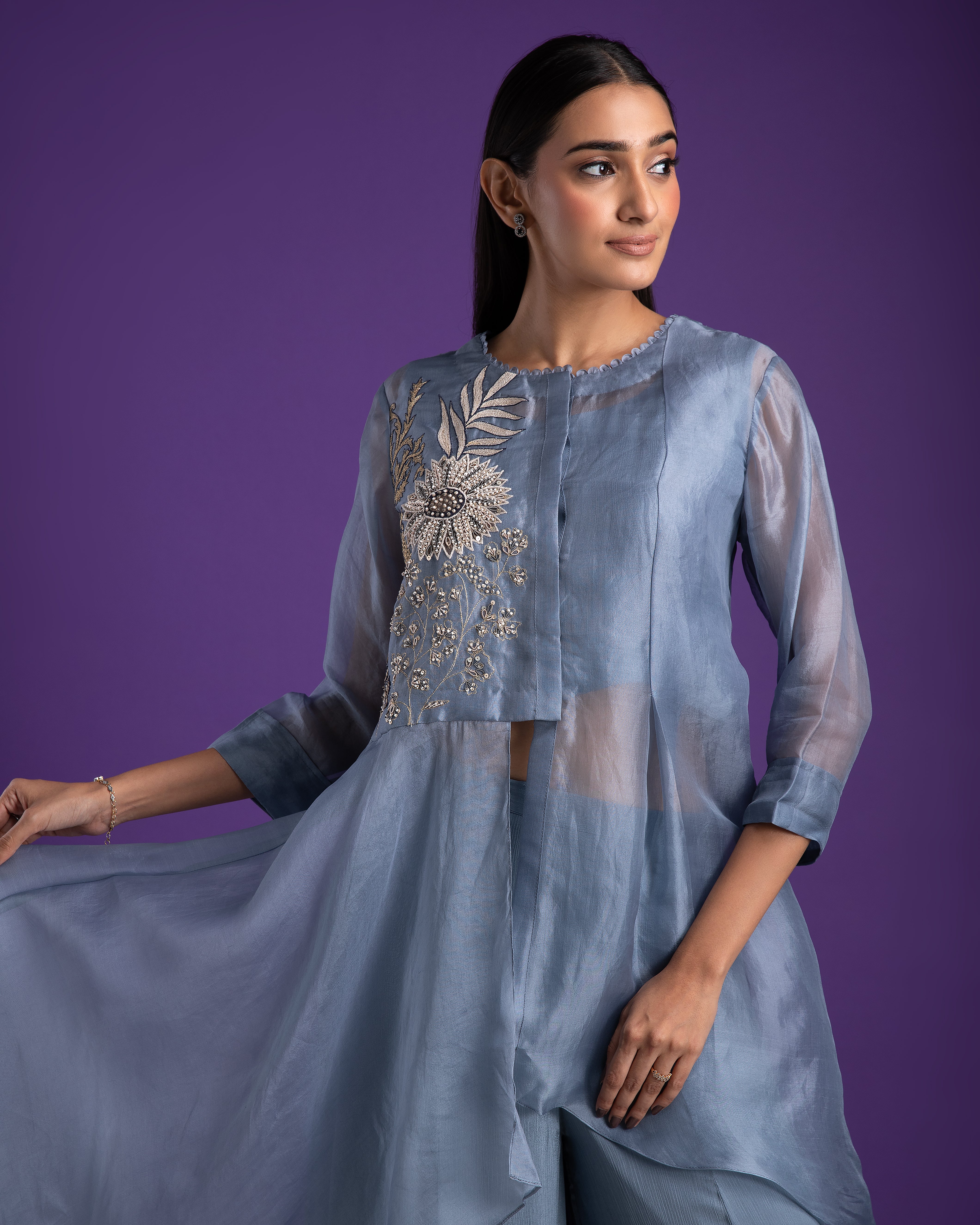 Grey Blue Asymmetrical Top and Palazzo Set - Mokshaa