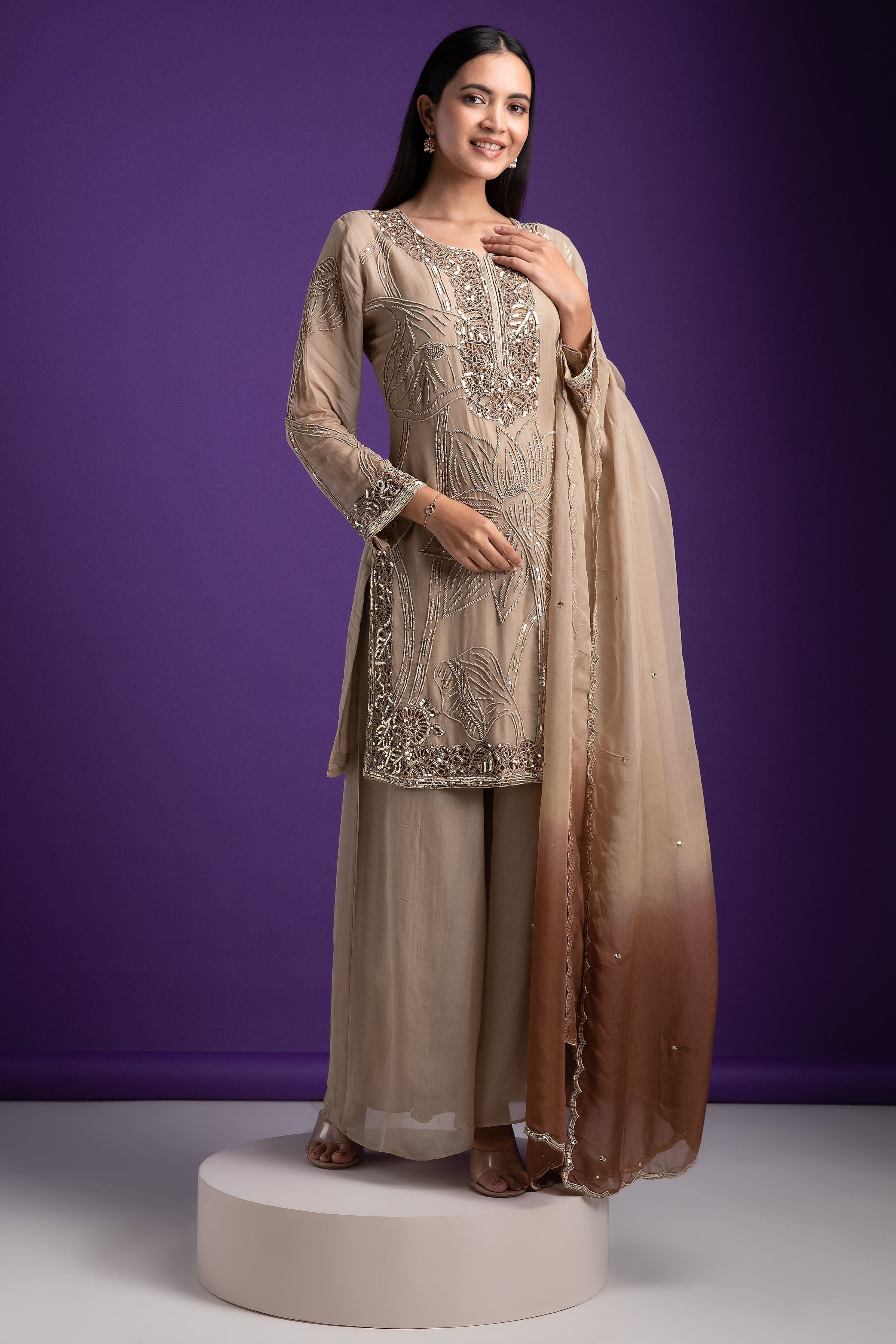 Sophisticated Beige Embroidered Kurta Set - Mokshaa