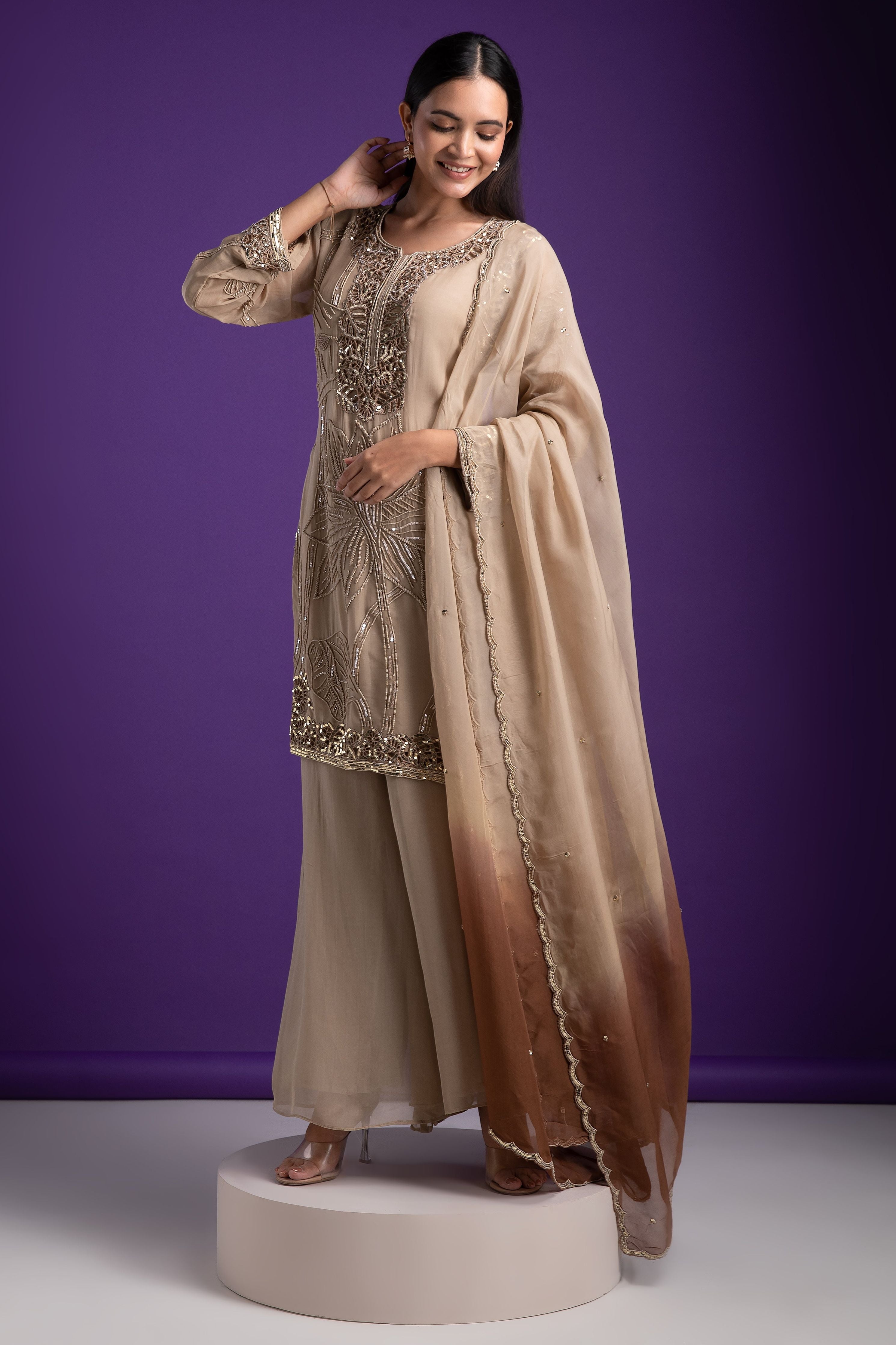 Sophisticated Beige Embroidered Kurta Set - Mokshaa