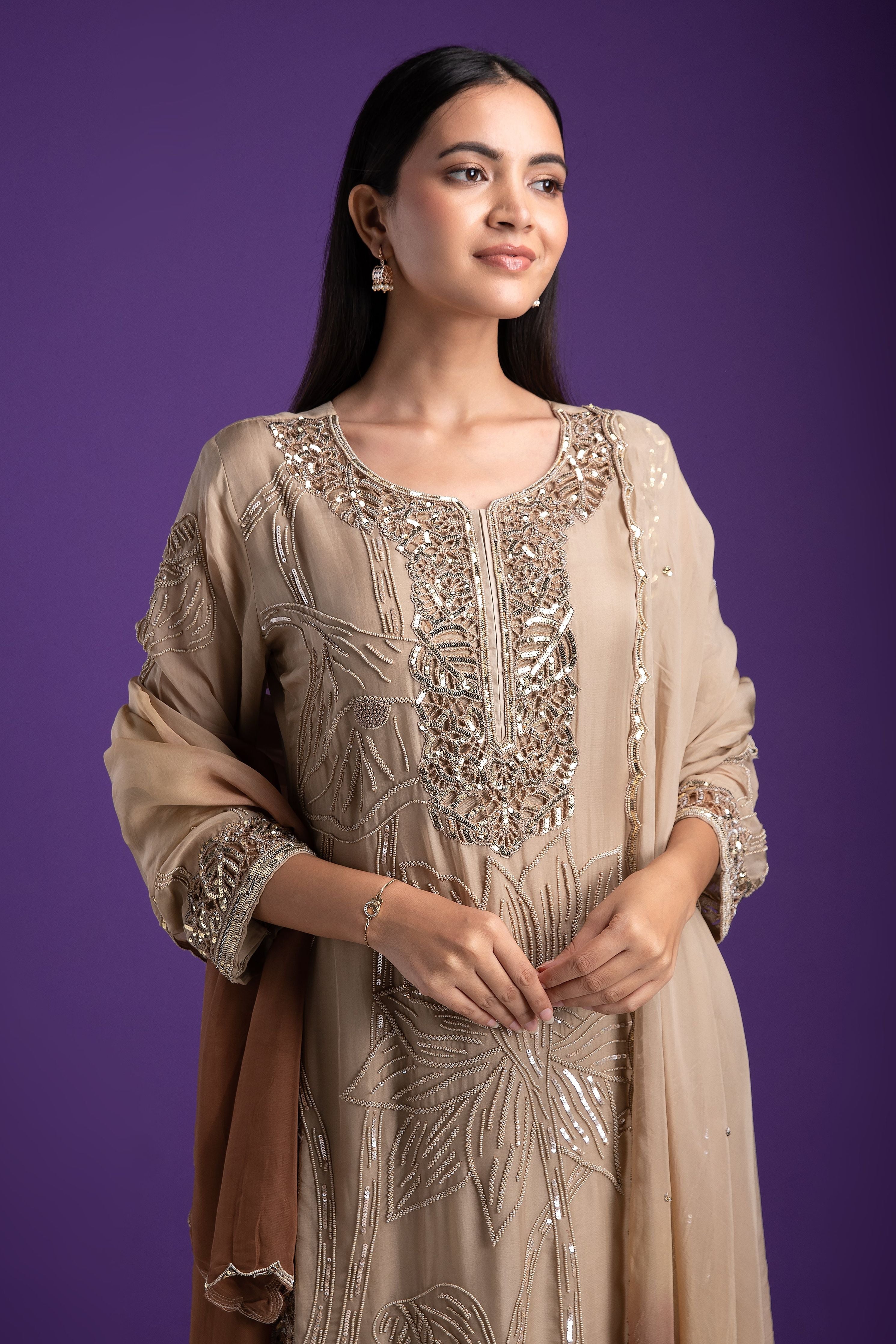 Sophisticated Beige Embroidered Kurta Set - Mokshaa