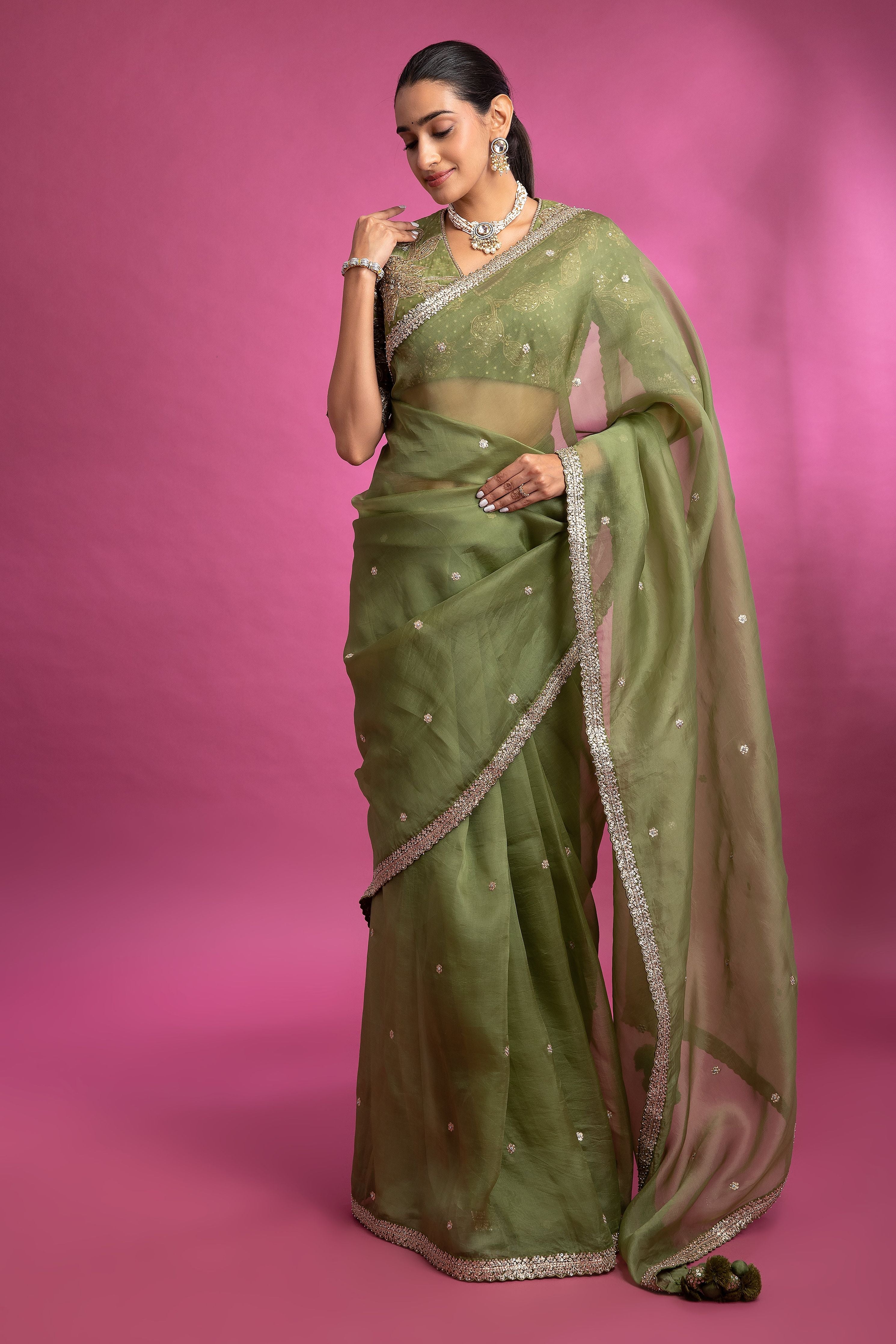 Olive Green Organza Saree with Crystal Border - Mokshaa