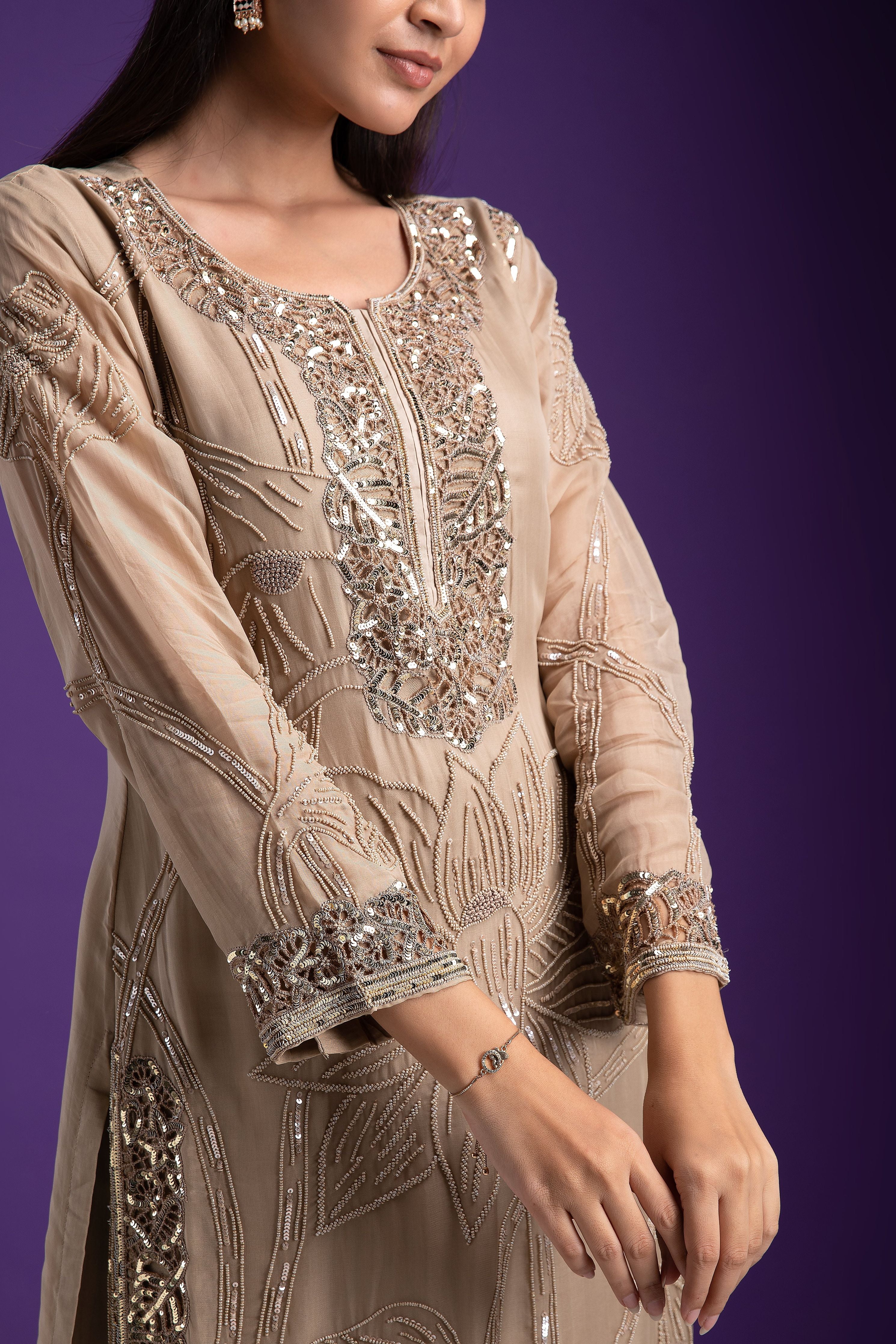 Sophisticated Beige Embroidered Kurta Set - Mokshaa