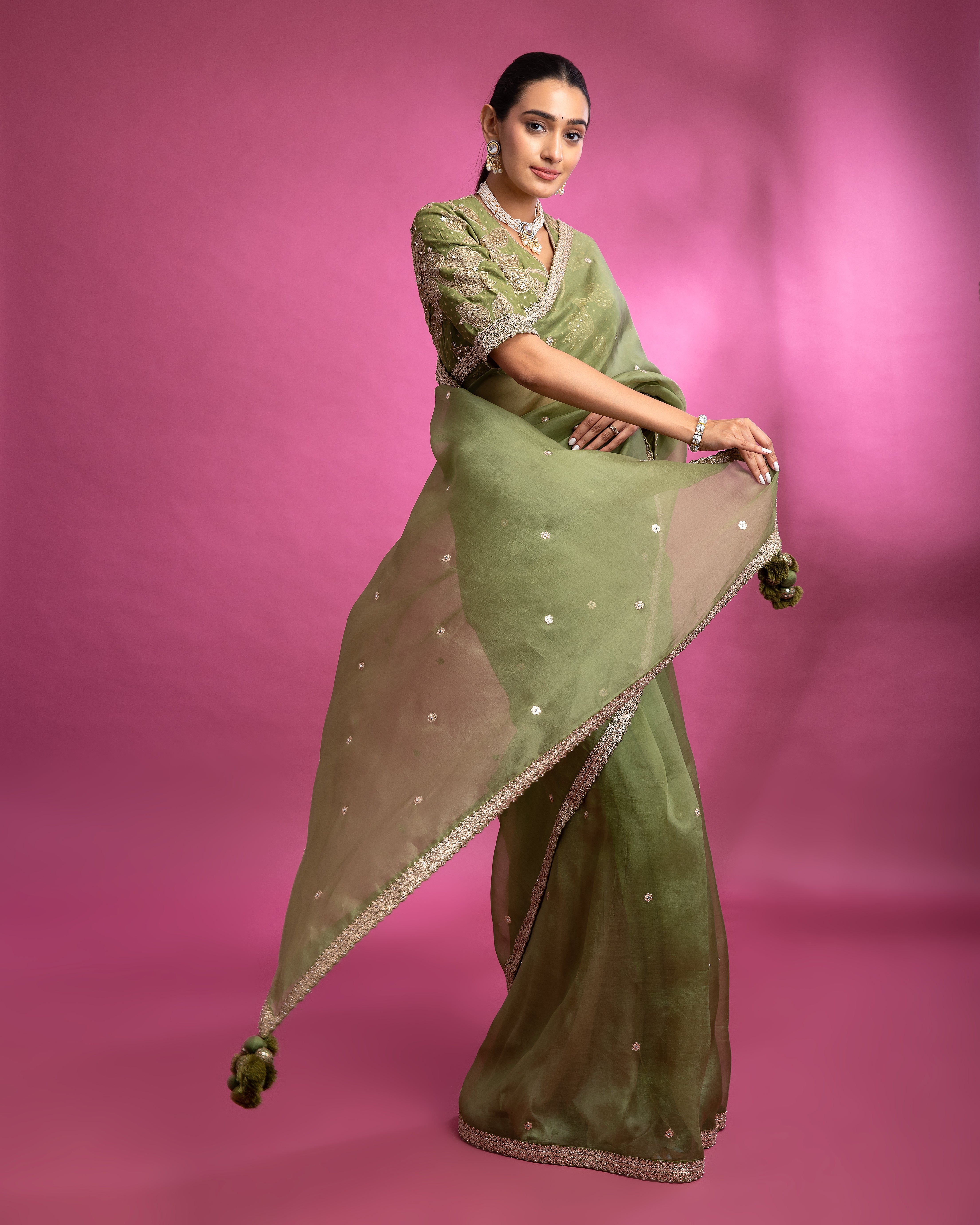 Olive Green Organza Saree with Crystal Border - Mokshaa