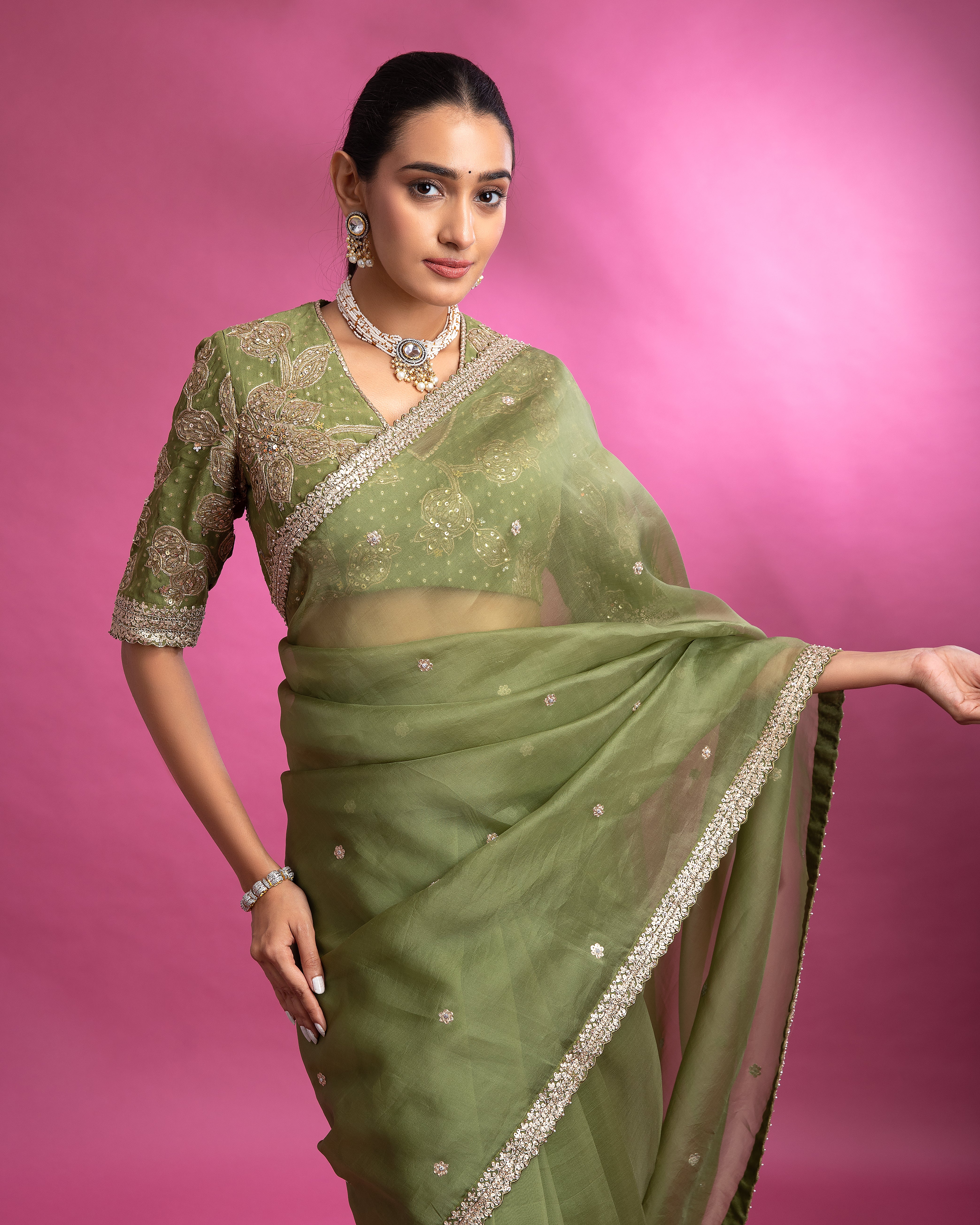 Olive Green Organza Saree with Crystal Border - Mokshaa