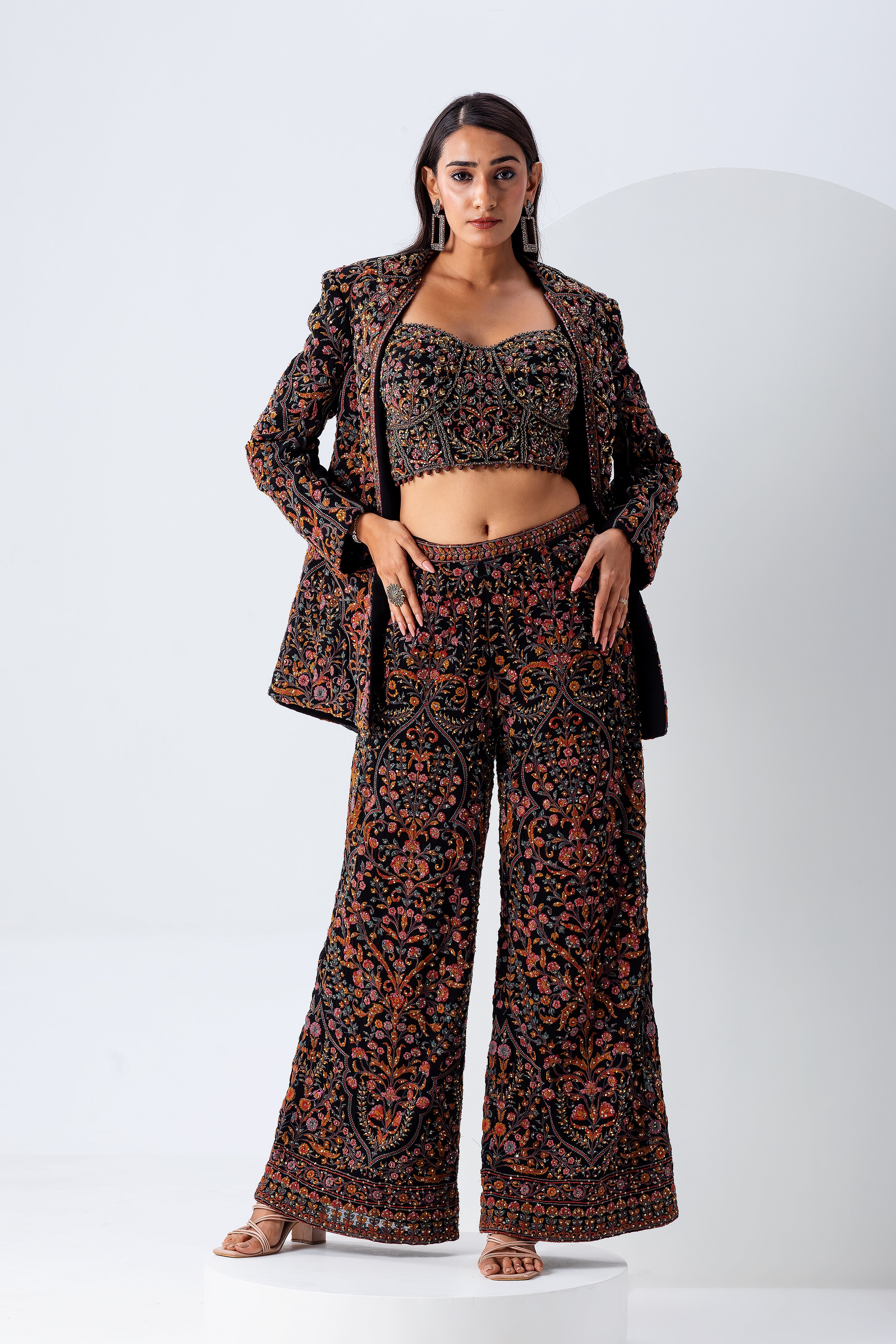 Black Embroidered Blazer Set - Mokshaa