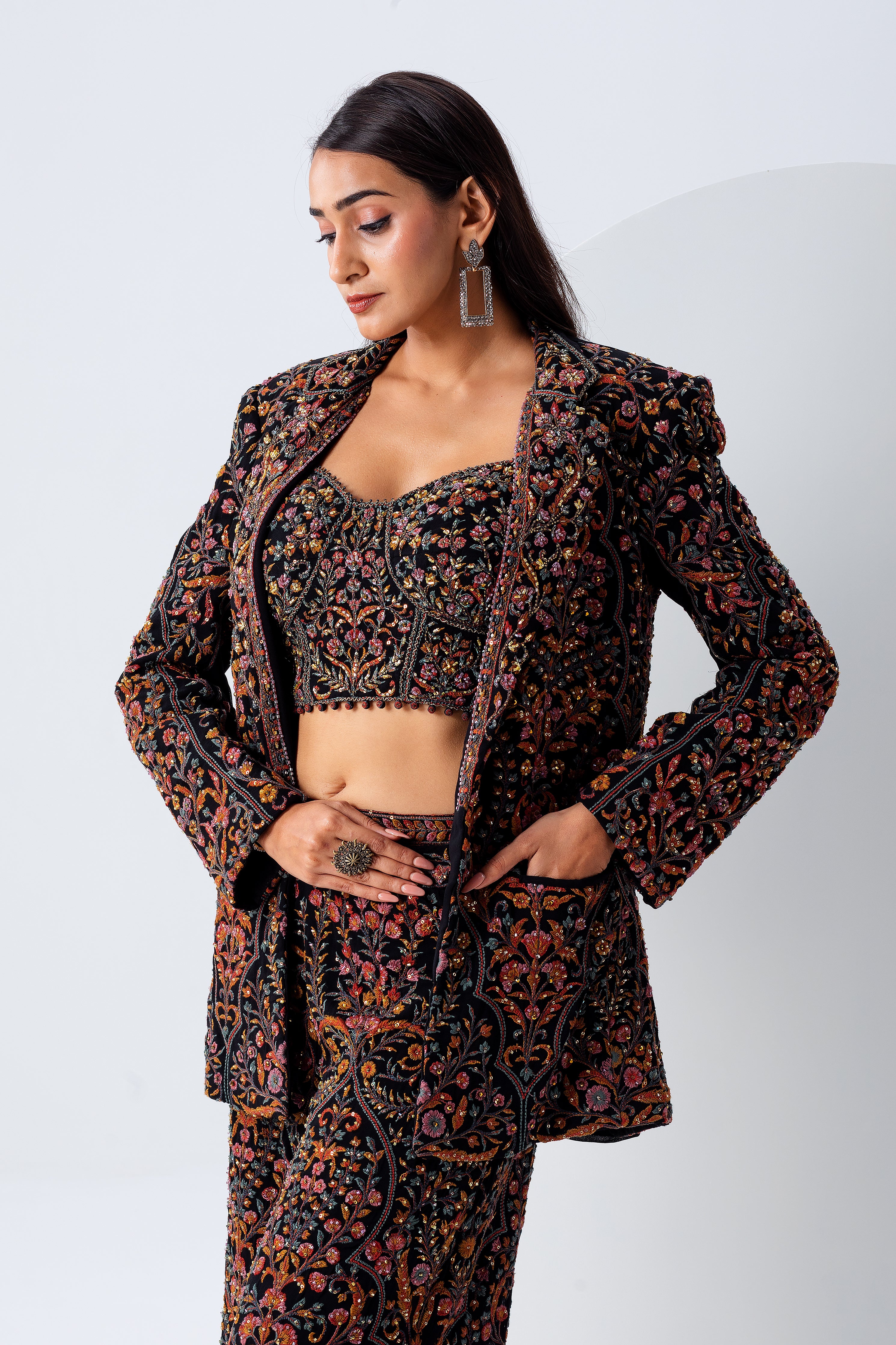 Black Embroidered Blazer Set - Mokshaa