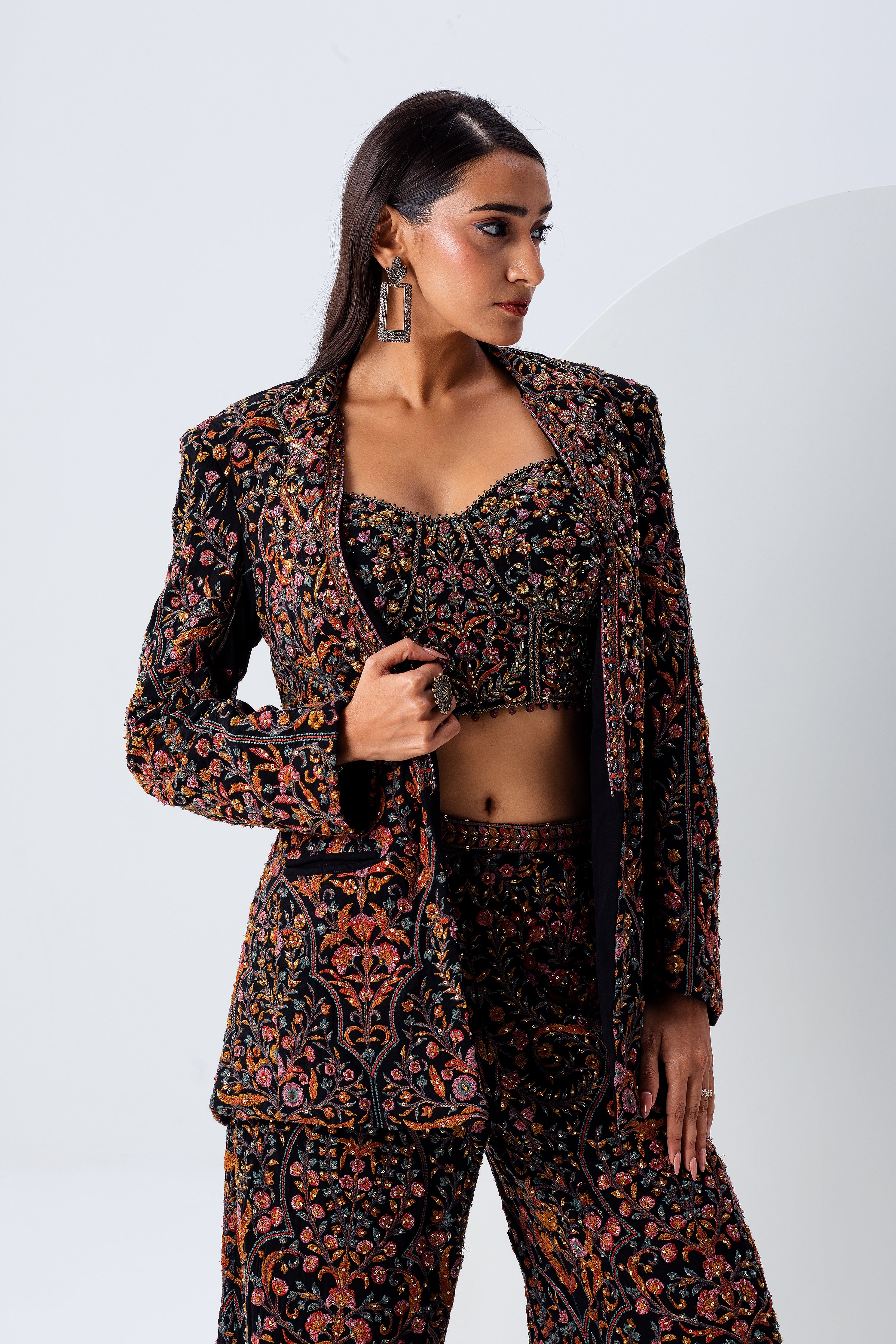 Black Embroidered Blazer Set - Mokshaa