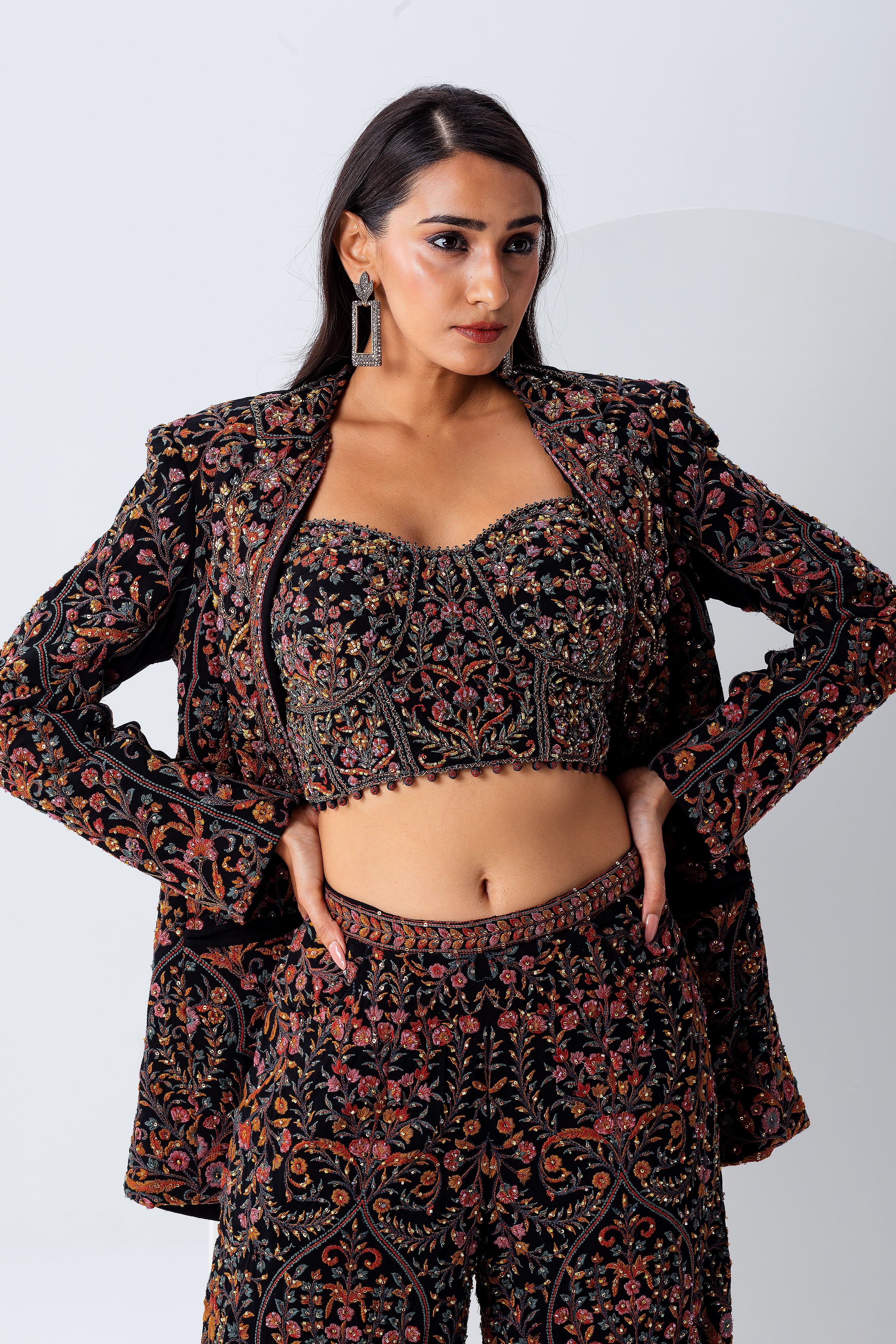 Black Embroidered Blazer Set - Mokshaa