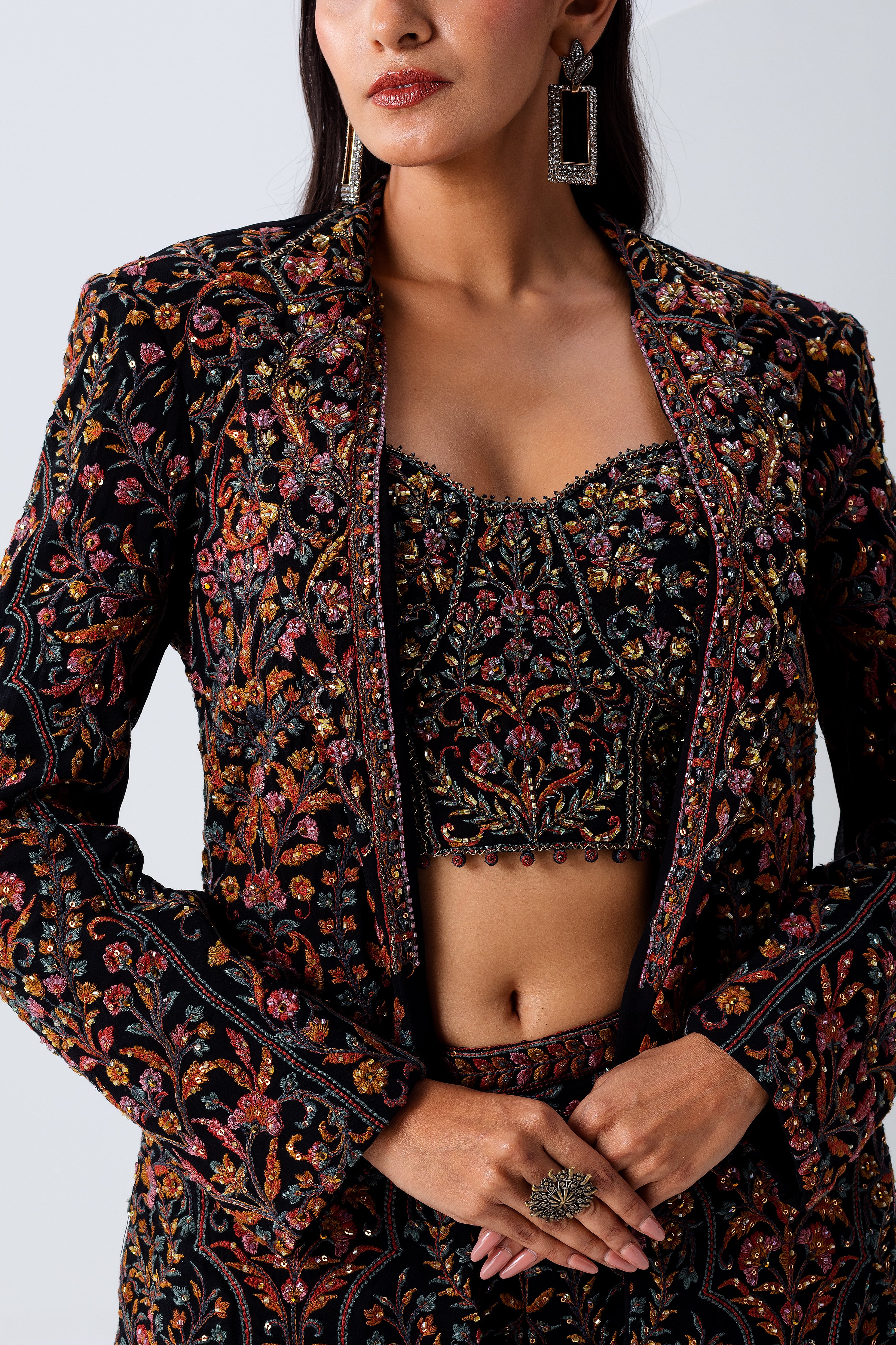 Black Embroidered Blazer Set - Mokshaa