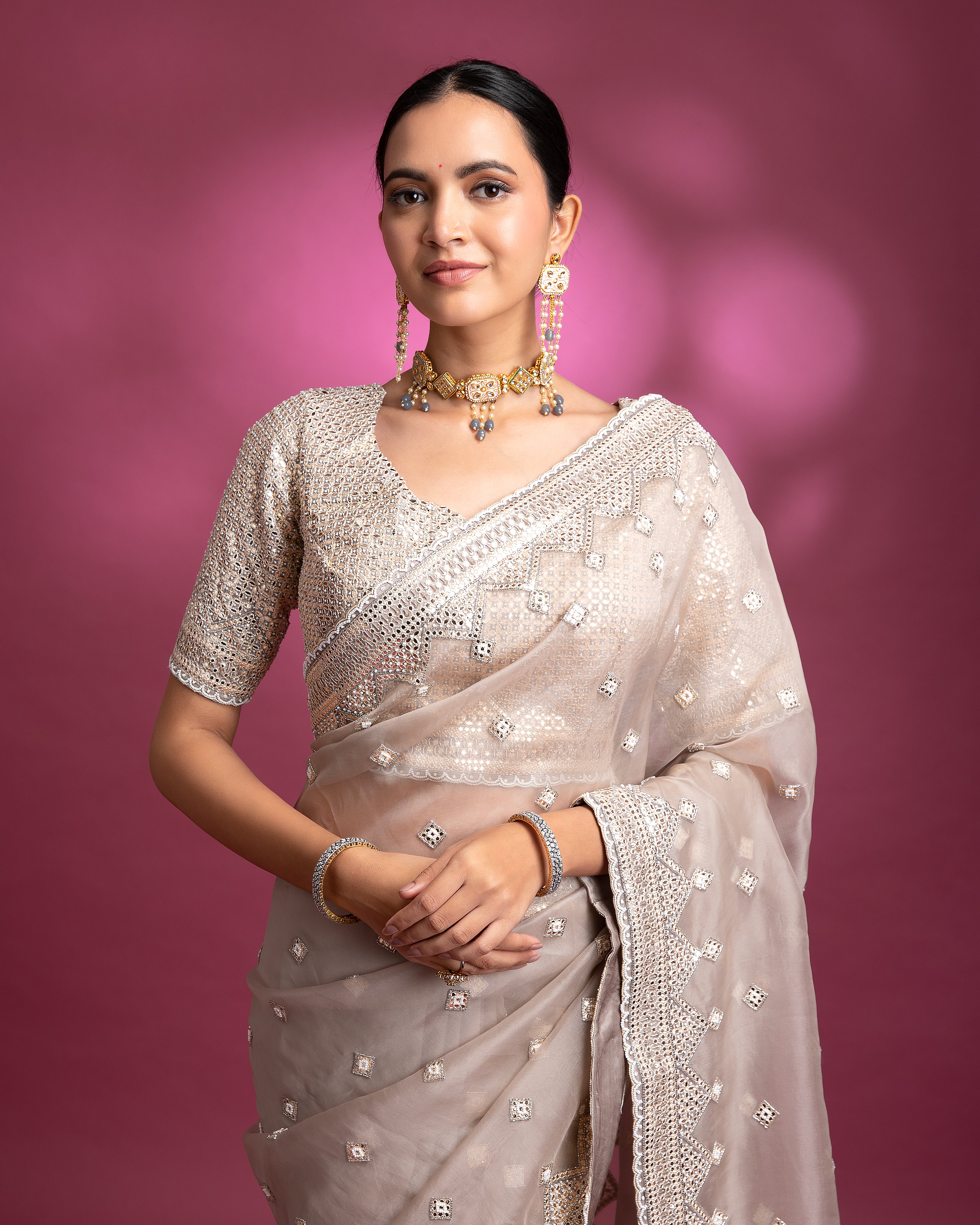 Light Grey Organza Saree with Diamond Cut Work - Mokshaa