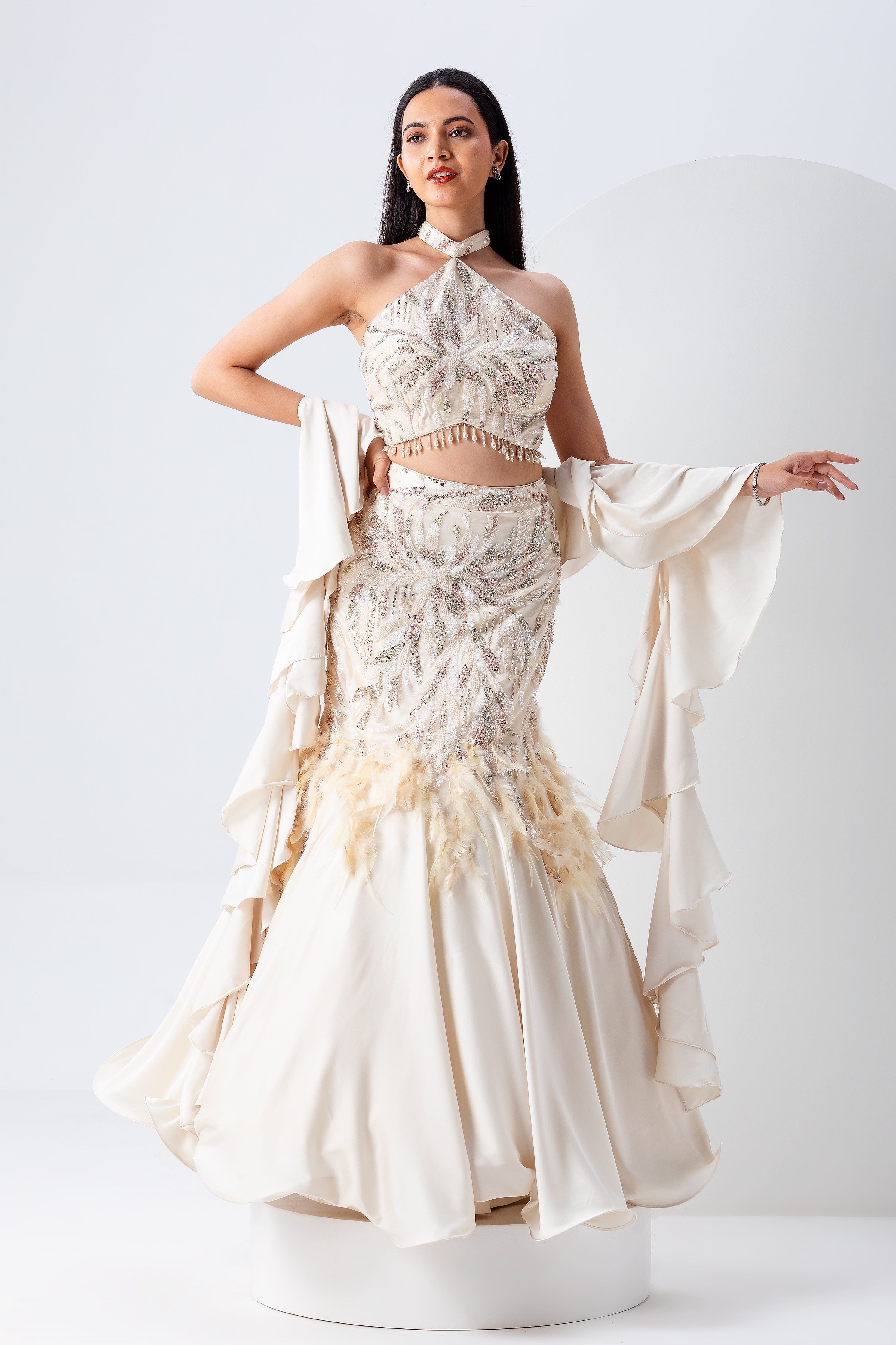 Ivory Feathered Skirt Set - Mokshaa