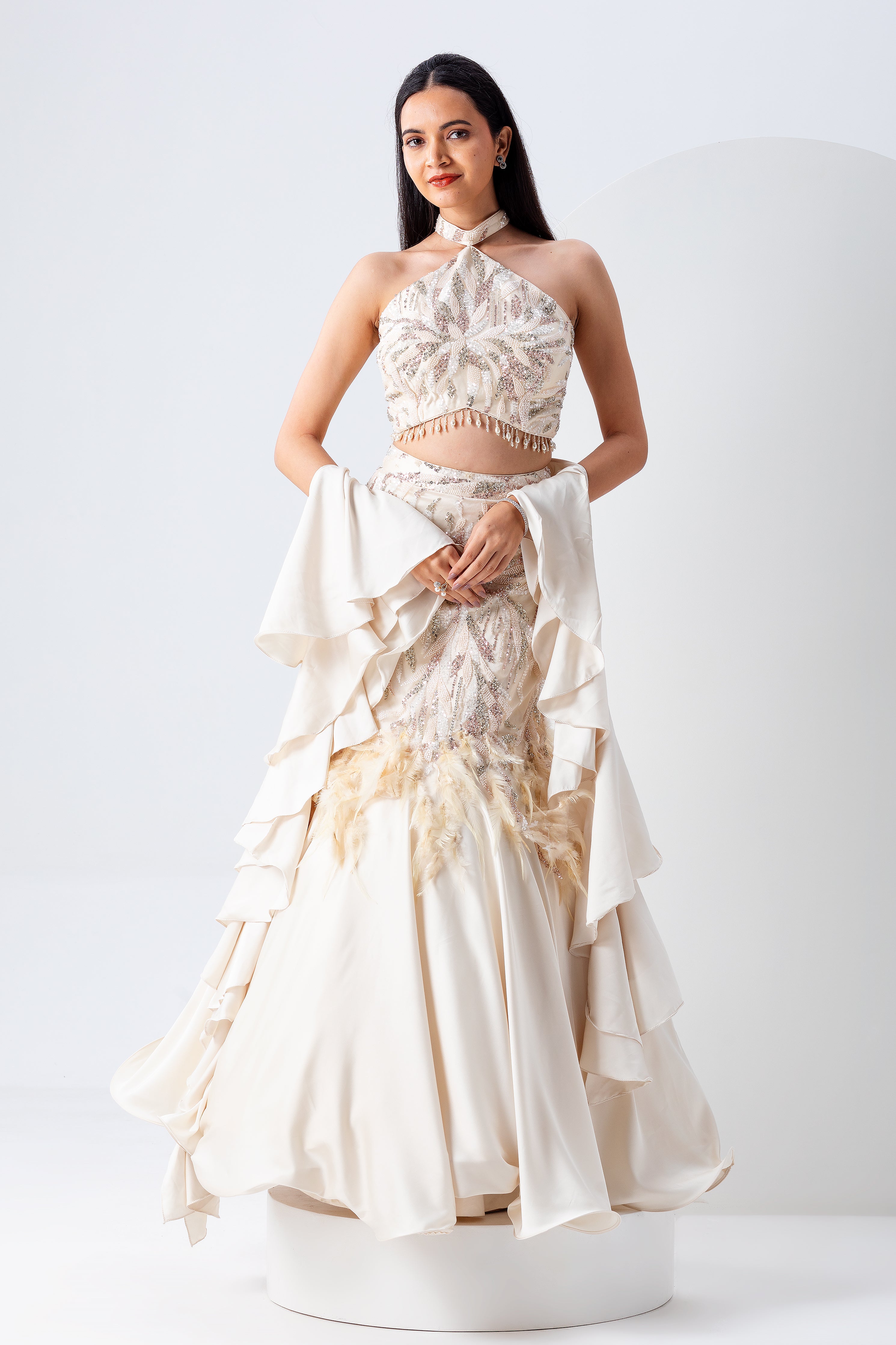 Ivory Feathered Skirt Set - Mokshaa