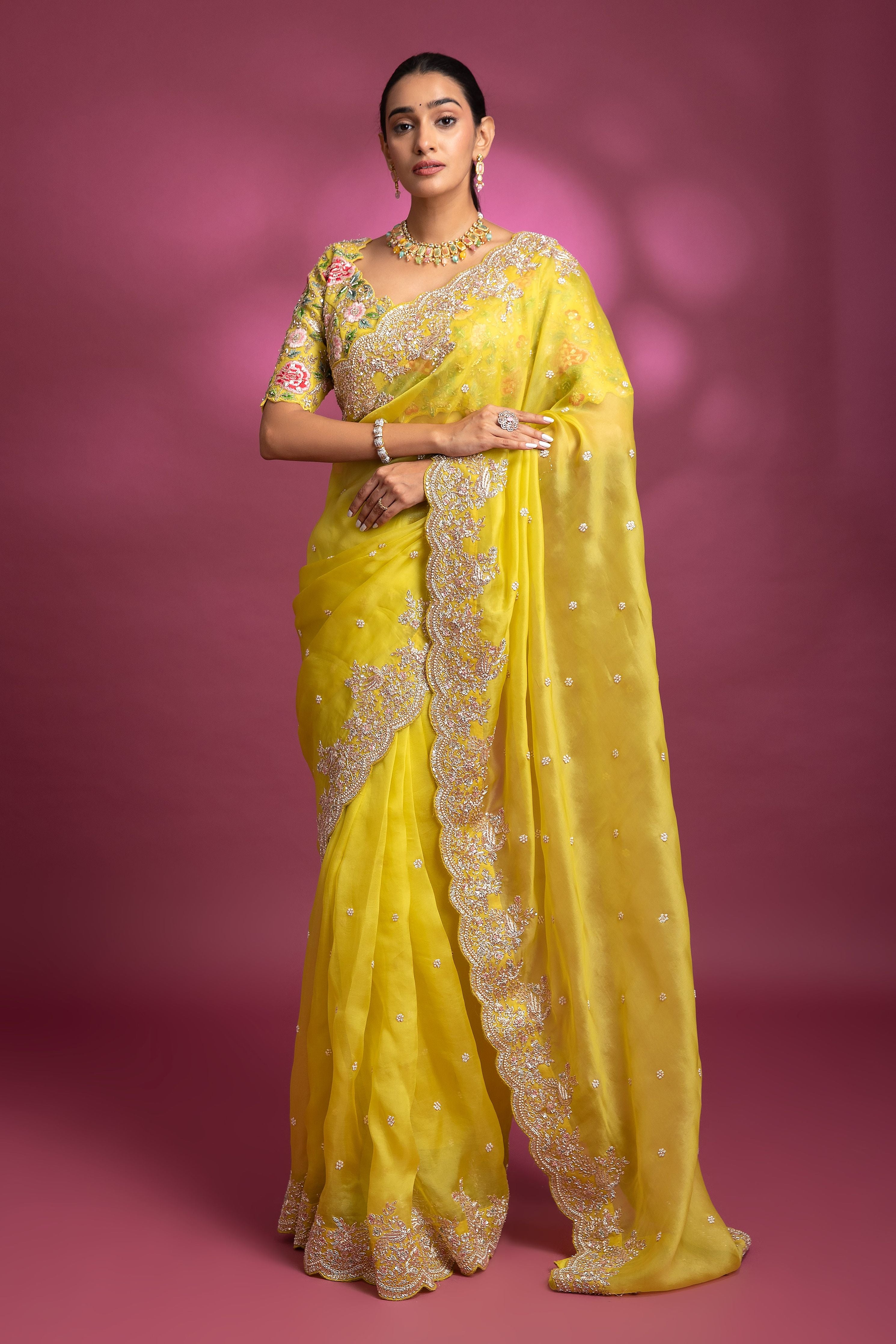 Yellow Organza Saree with Floral Embroidery - Mokshaa