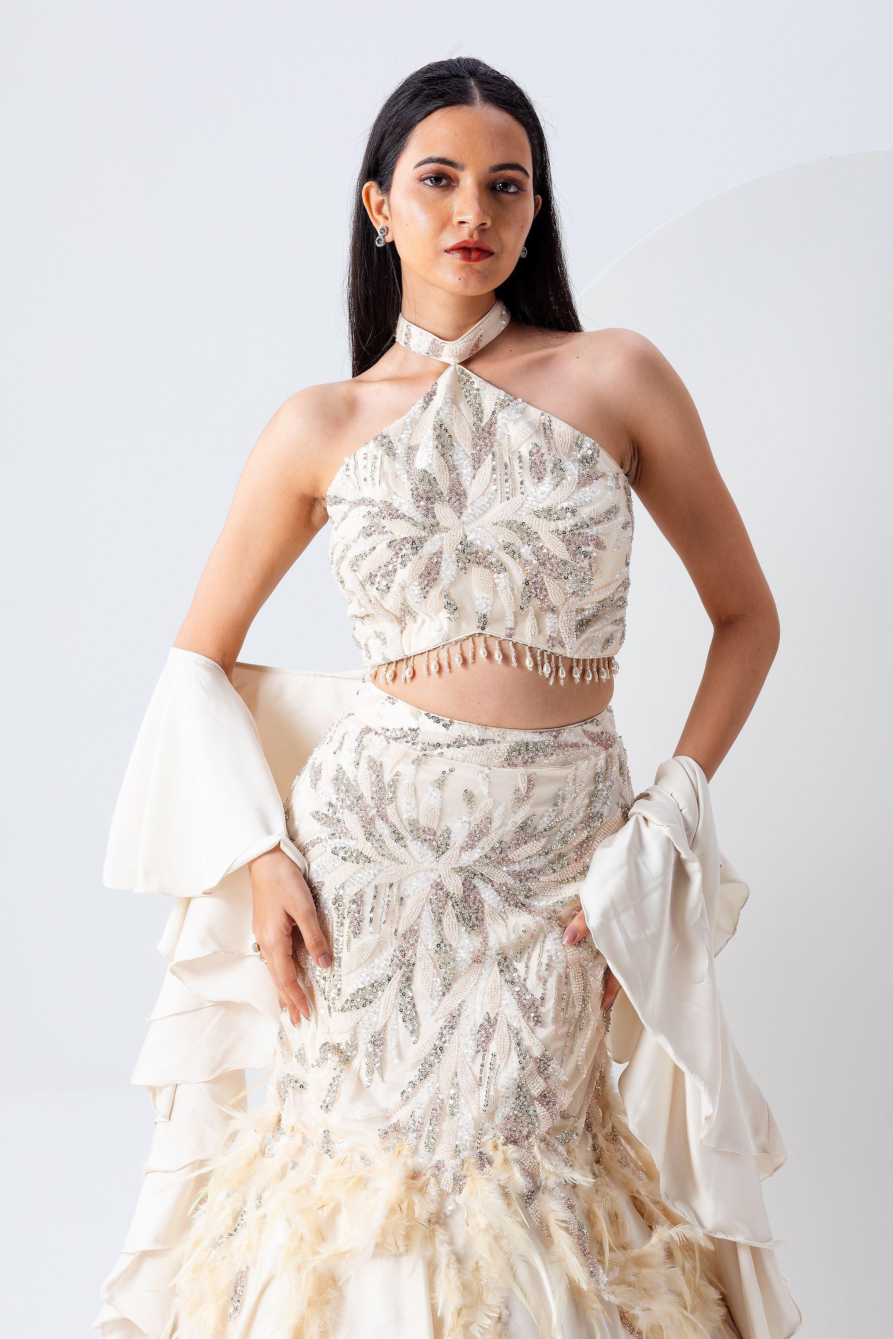 Ivory Feathered Skirt Set - Mokshaa