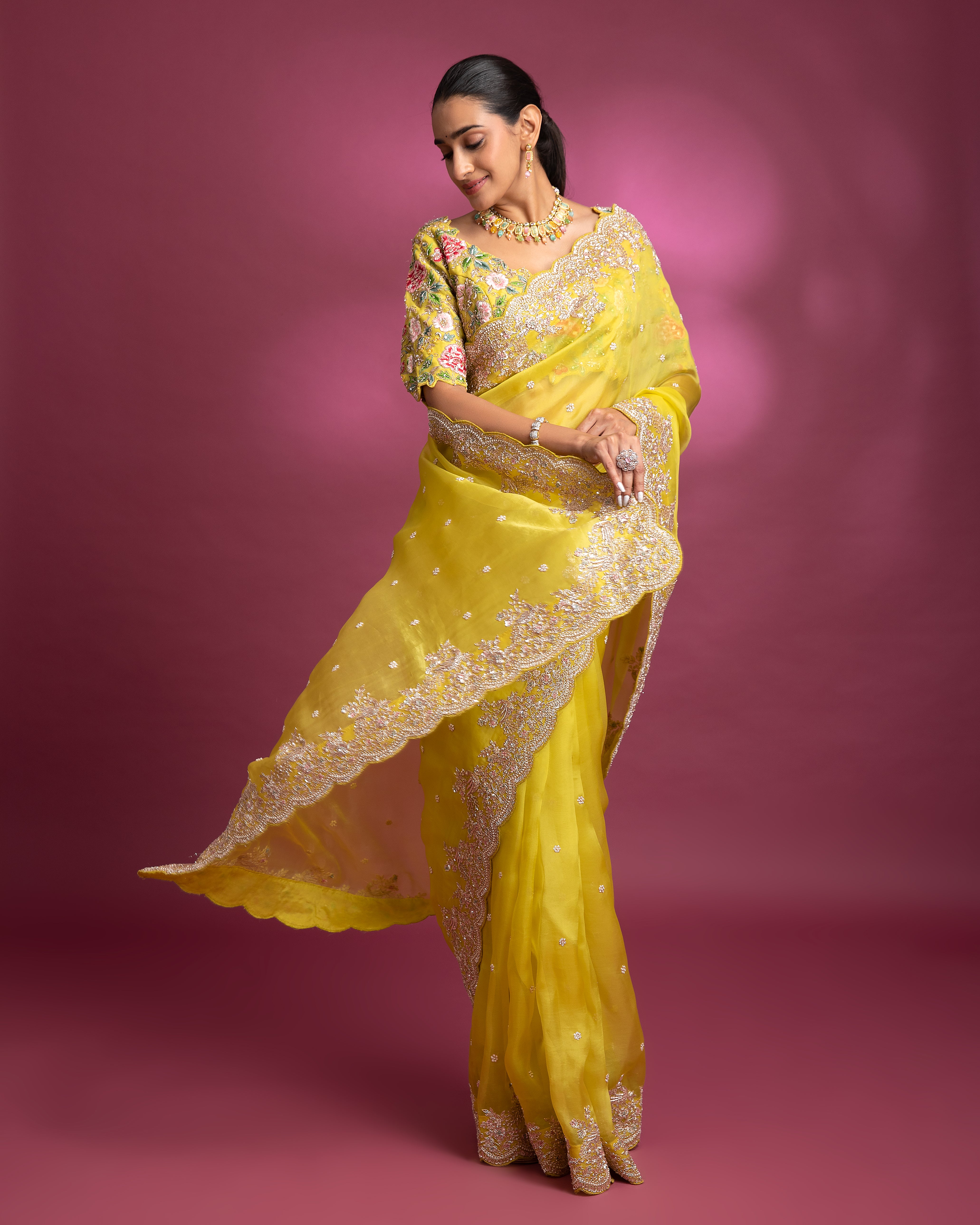 Yellow Organza Saree with Floral Embroidery - Mokshaa