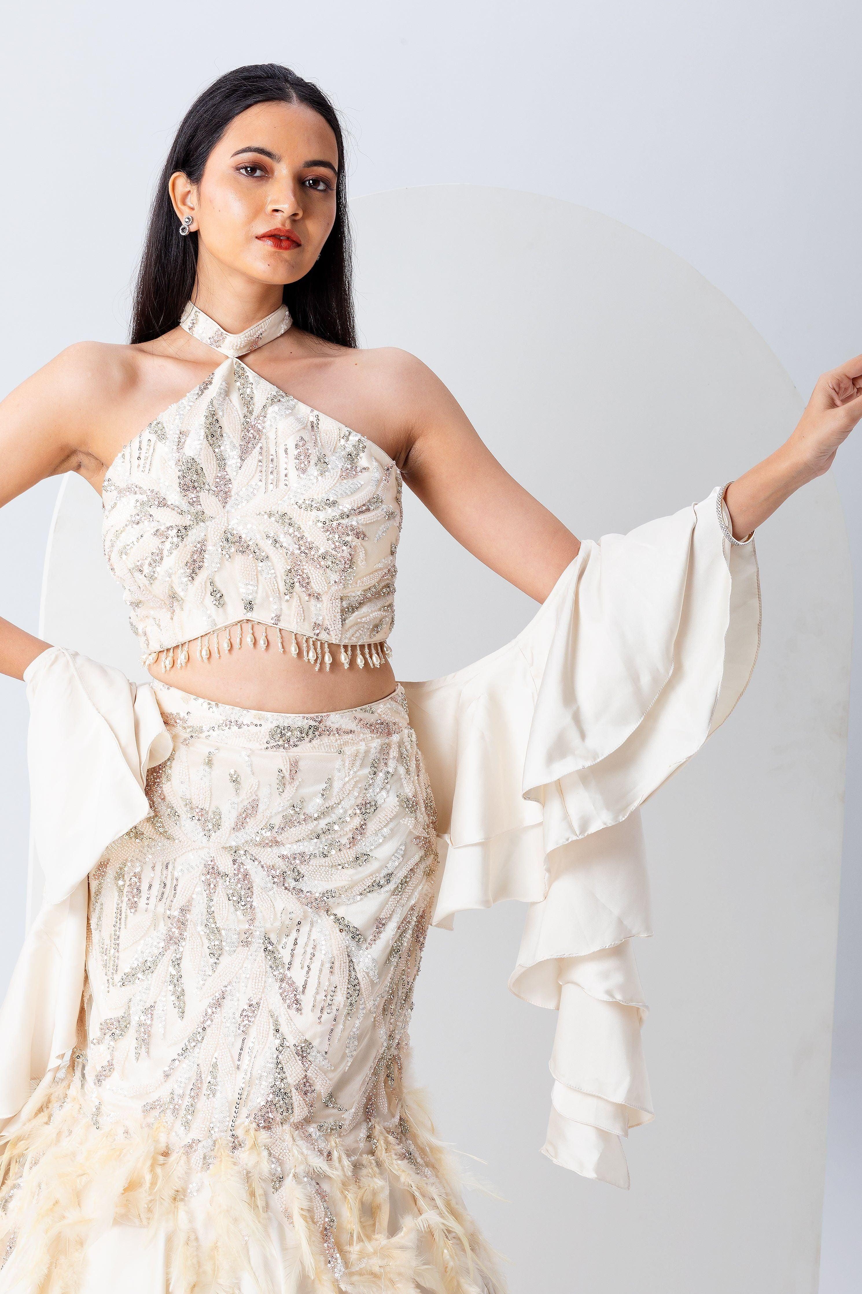 Ivory Feathered Skirt Set - Mokshaa