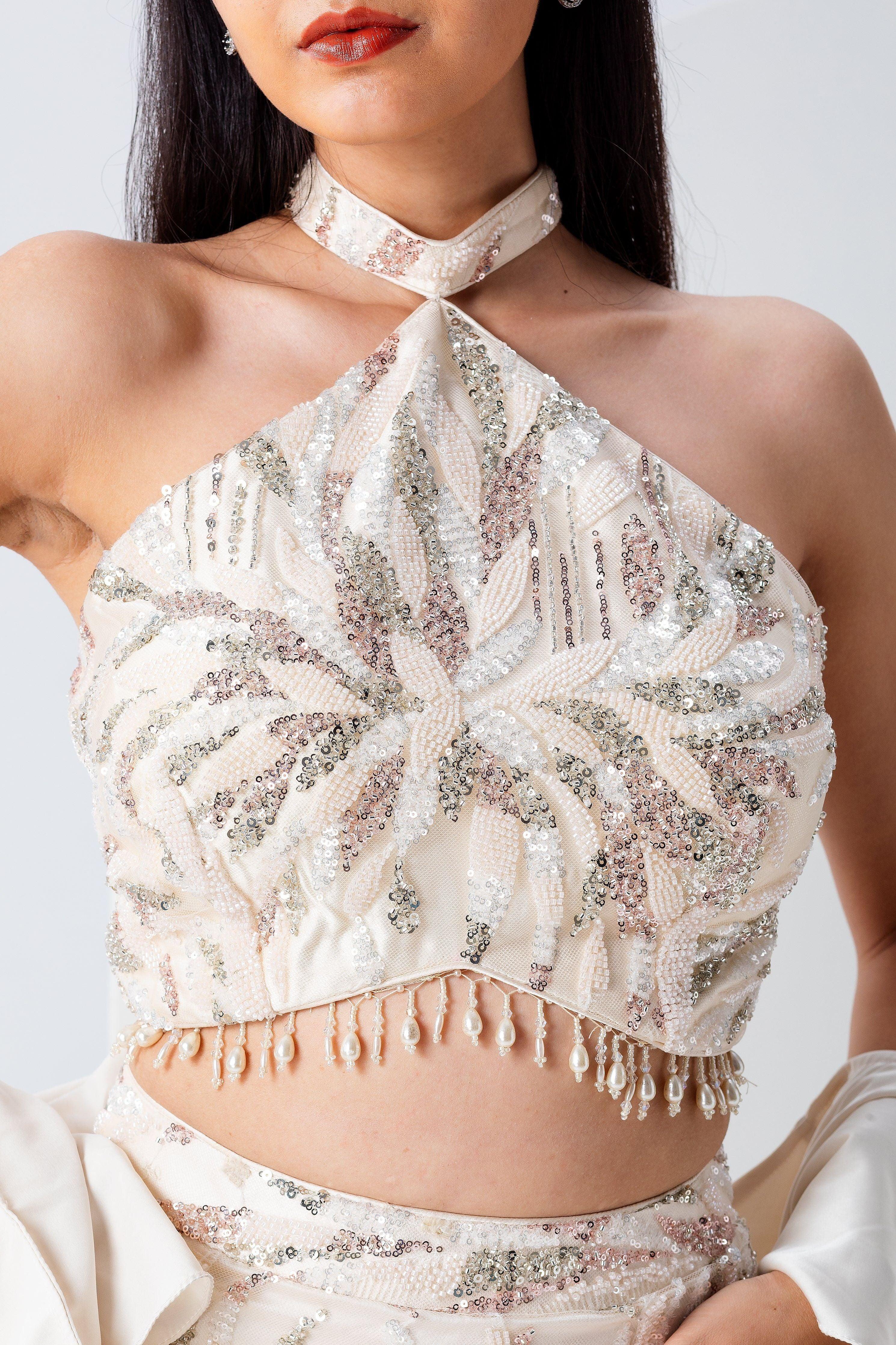Ivory Feathered Skirt Set - Mokshaa