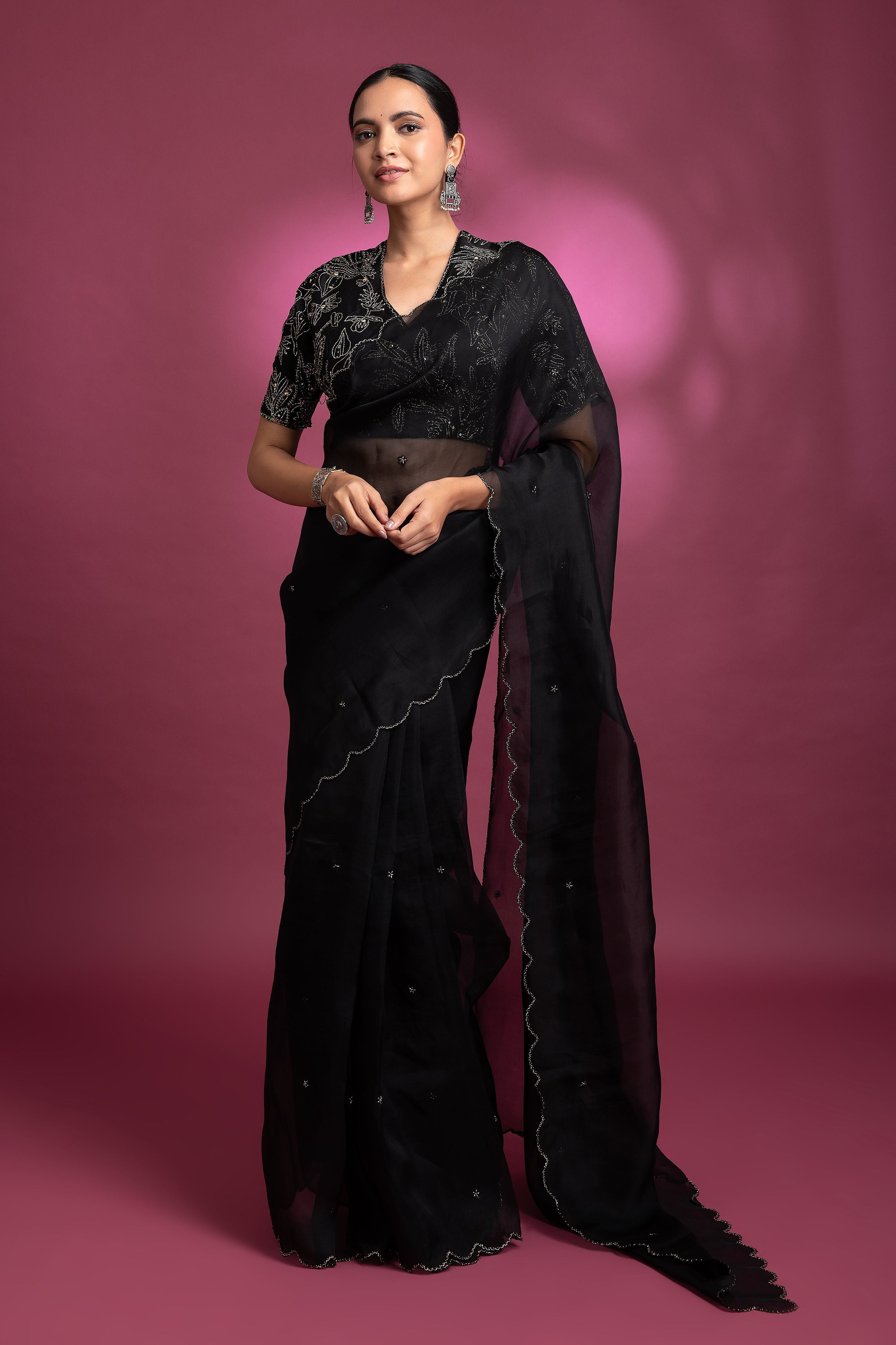 Black Organza Saree with Silver Sequin Work - Mokshaa