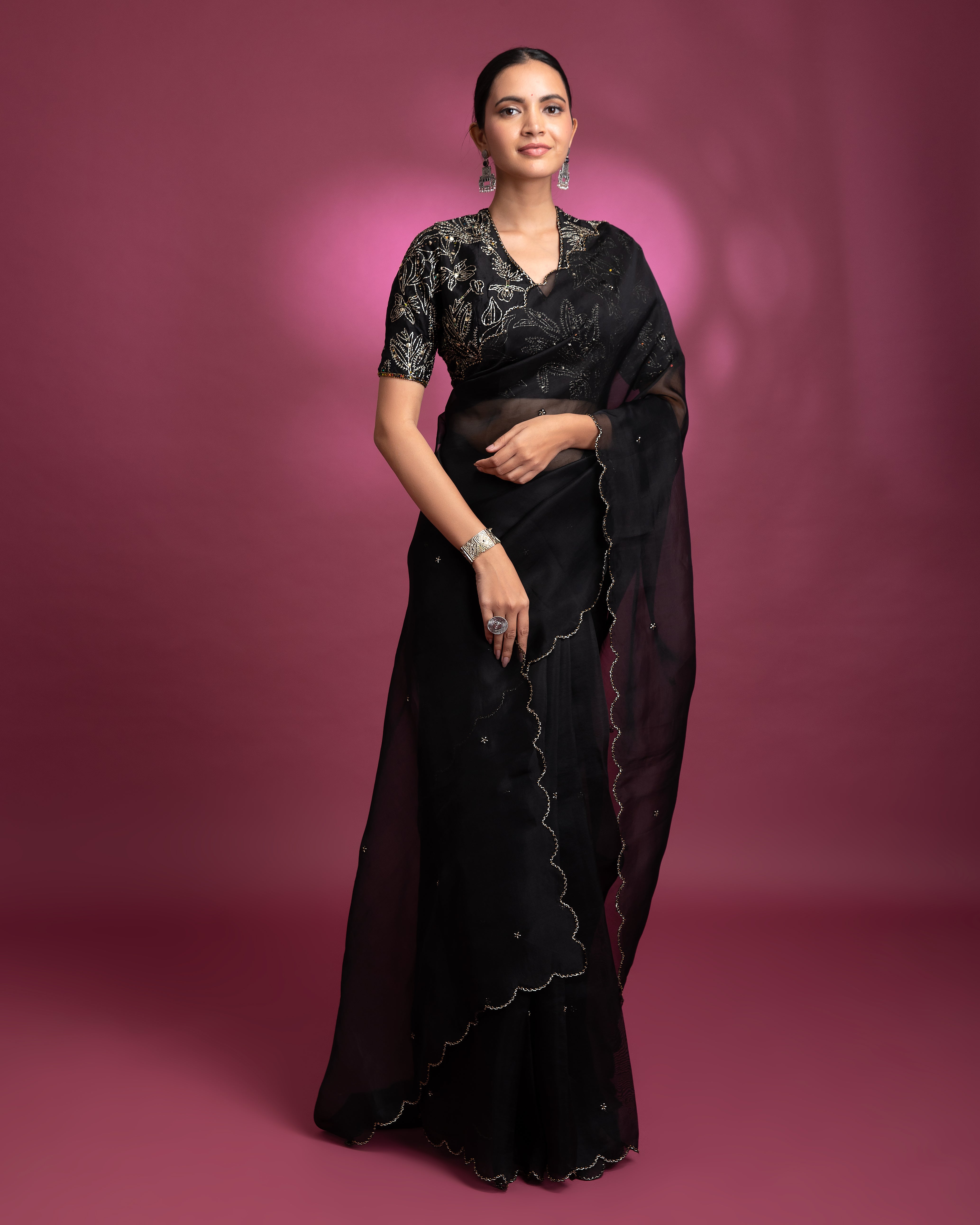 Black Organza Saree with Silver Sequin Work - Mokshaa