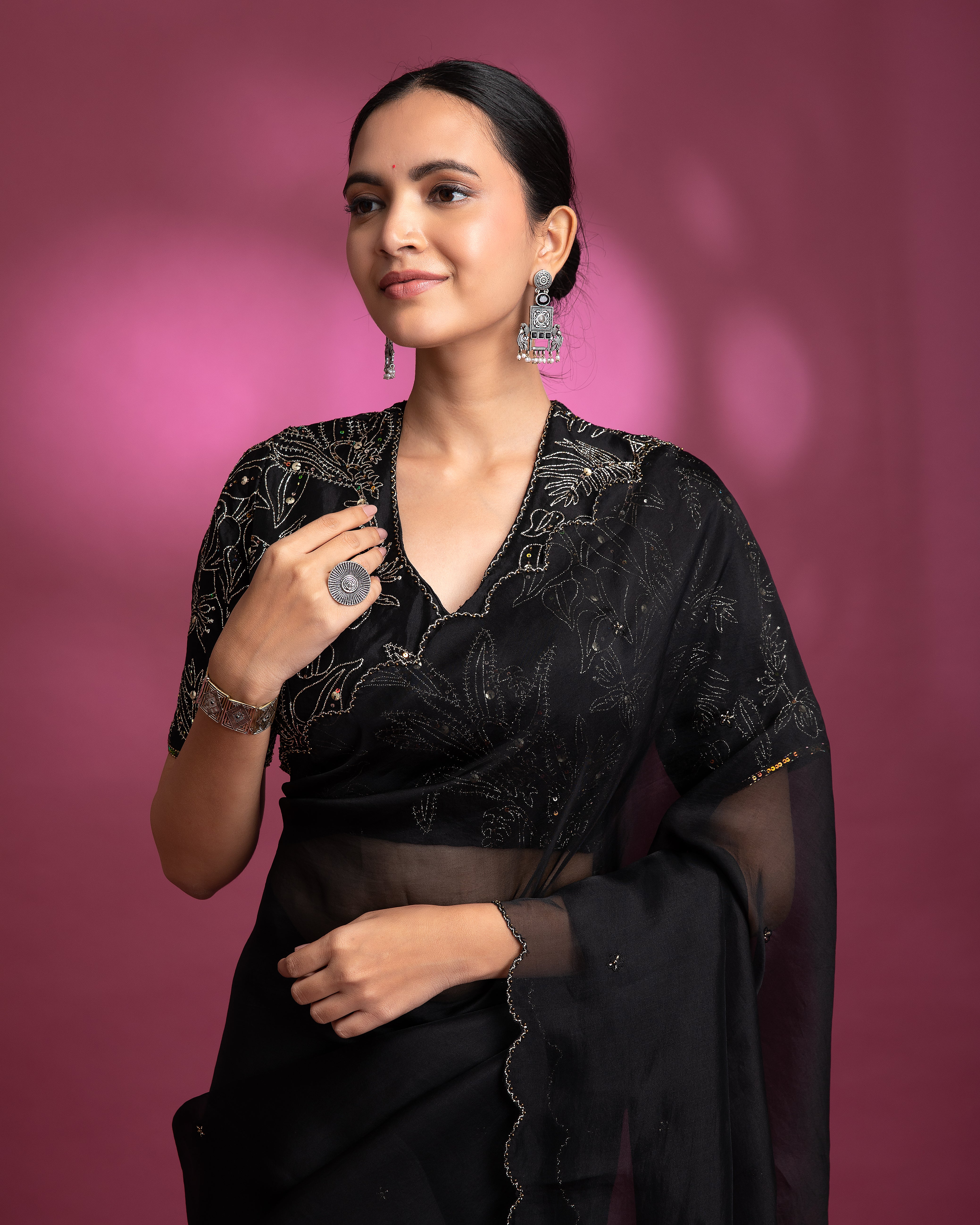 Black Organza Saree with Silver Sequin Work - Mokshaa