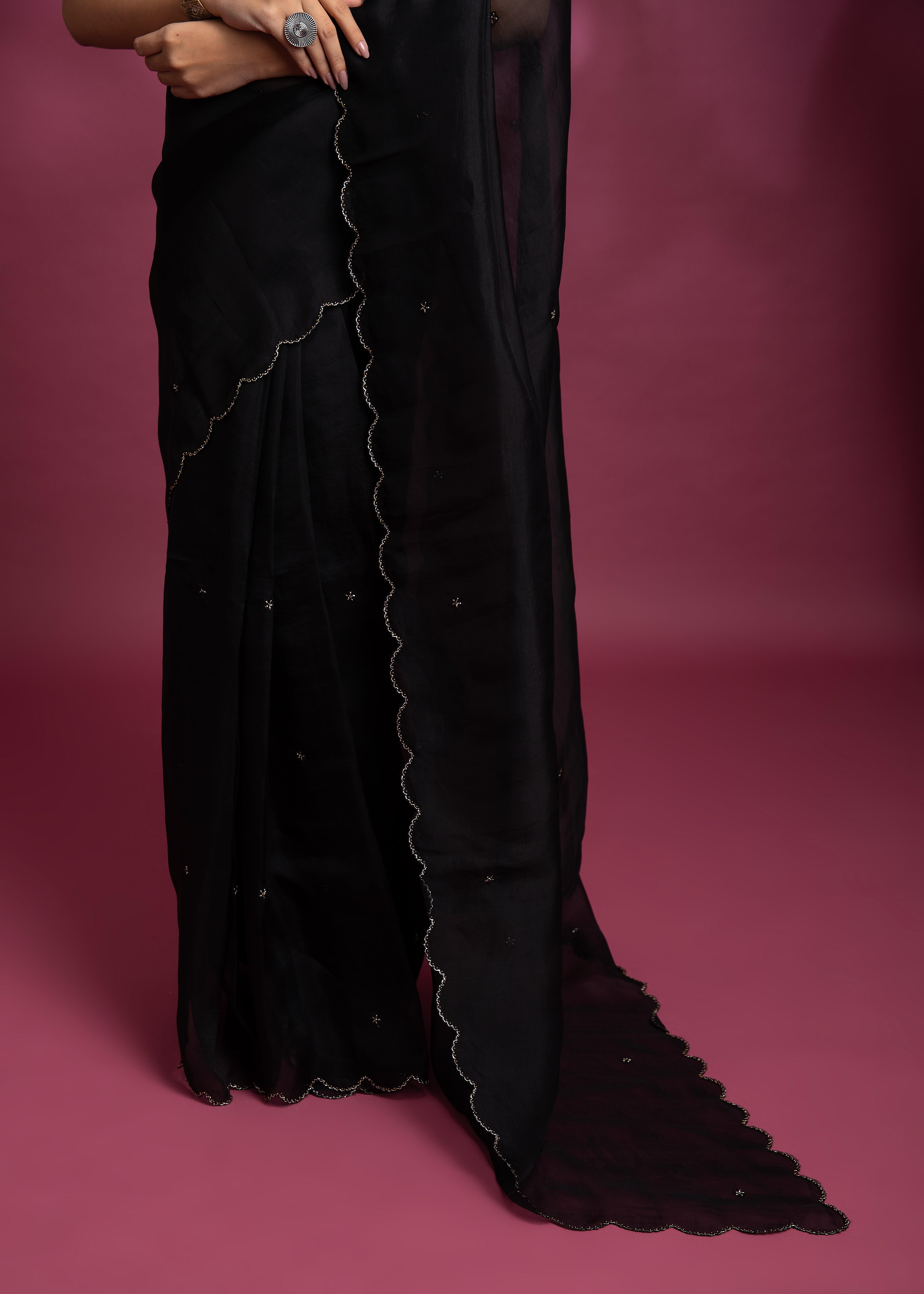 Black Organza Saree with Silver Sequin Work - Mokshaa