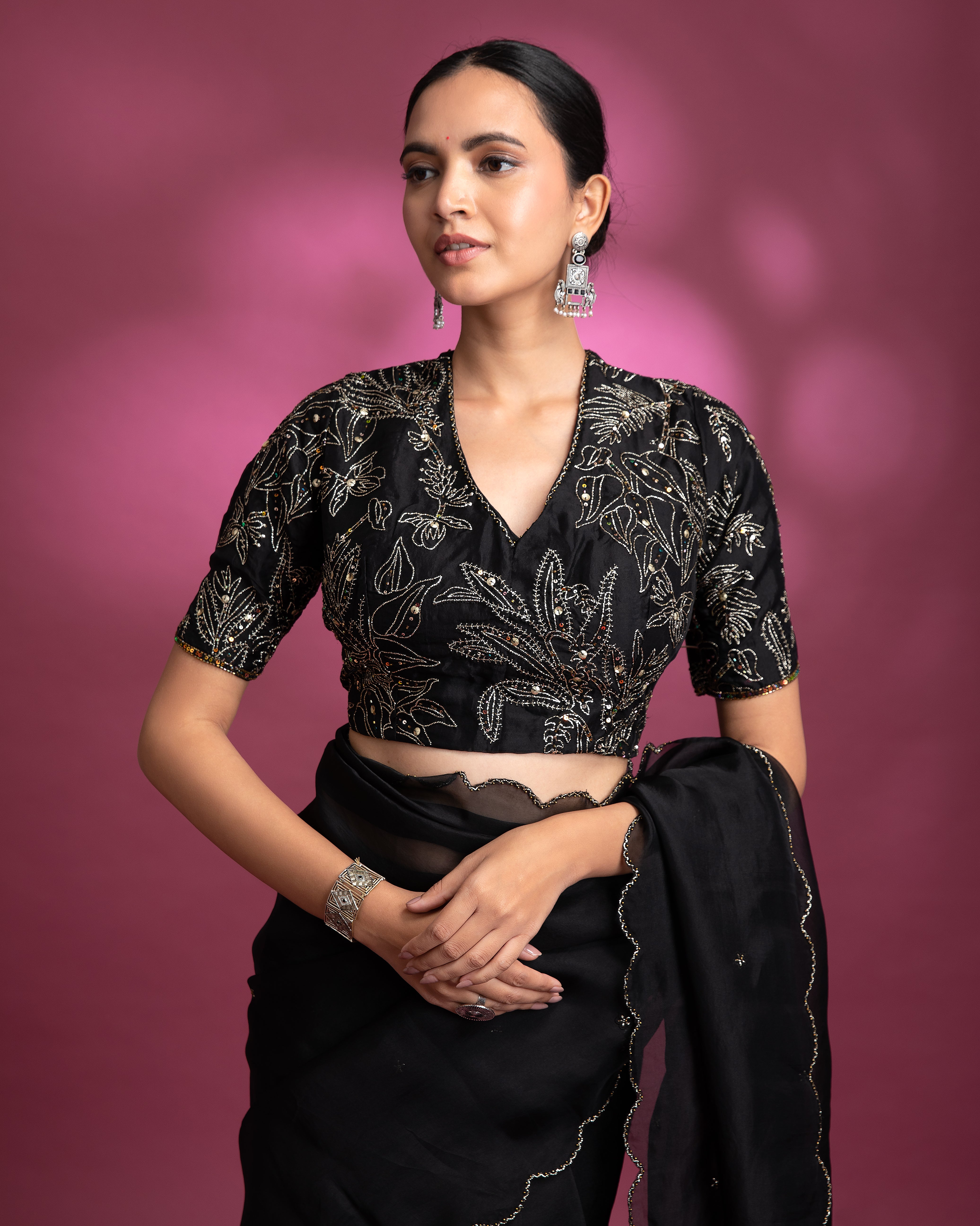 Black Organza Saree with Silver Sequin Work - Mokshaa