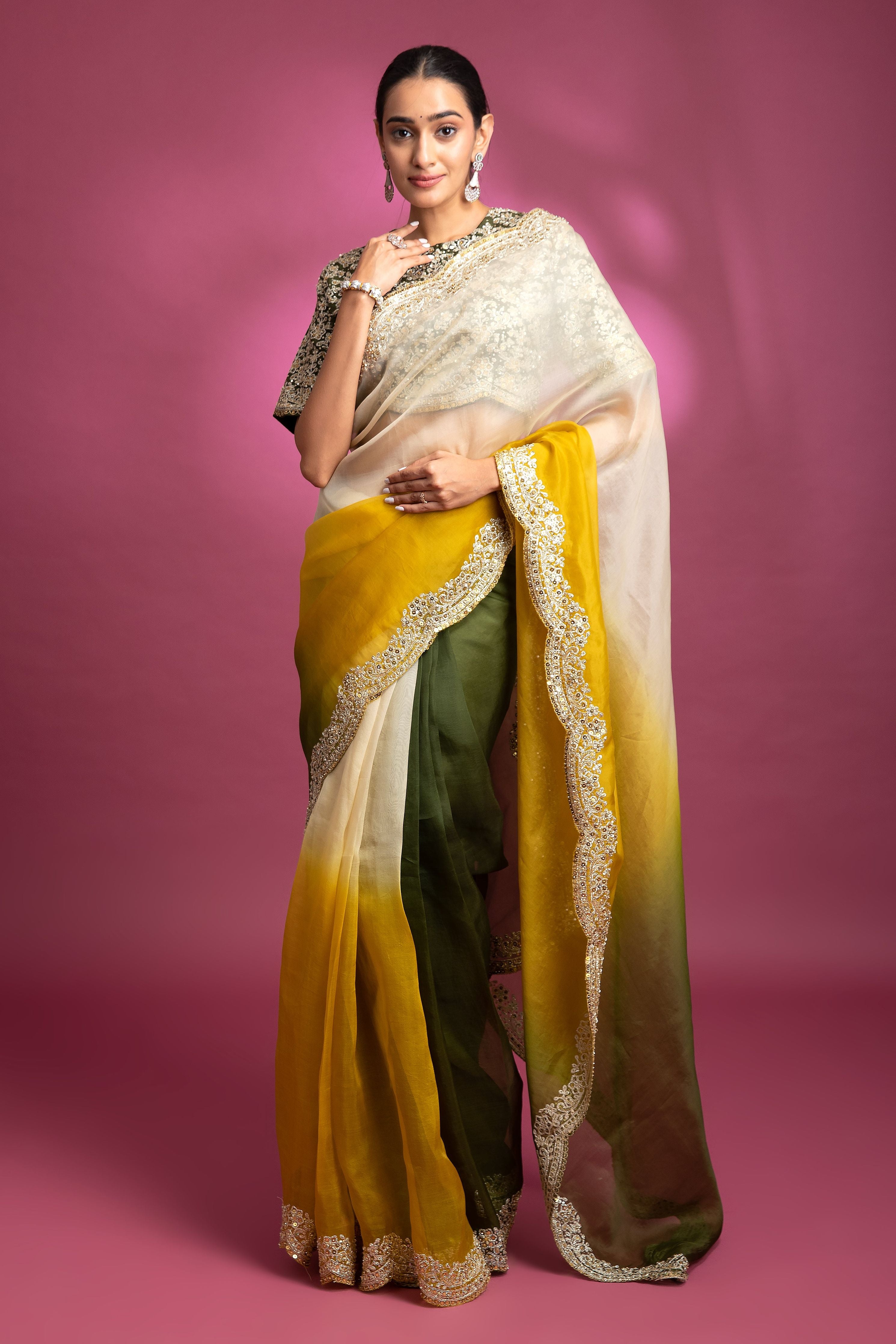 Yellow Green Ombre Organza Saree - Mokshaa