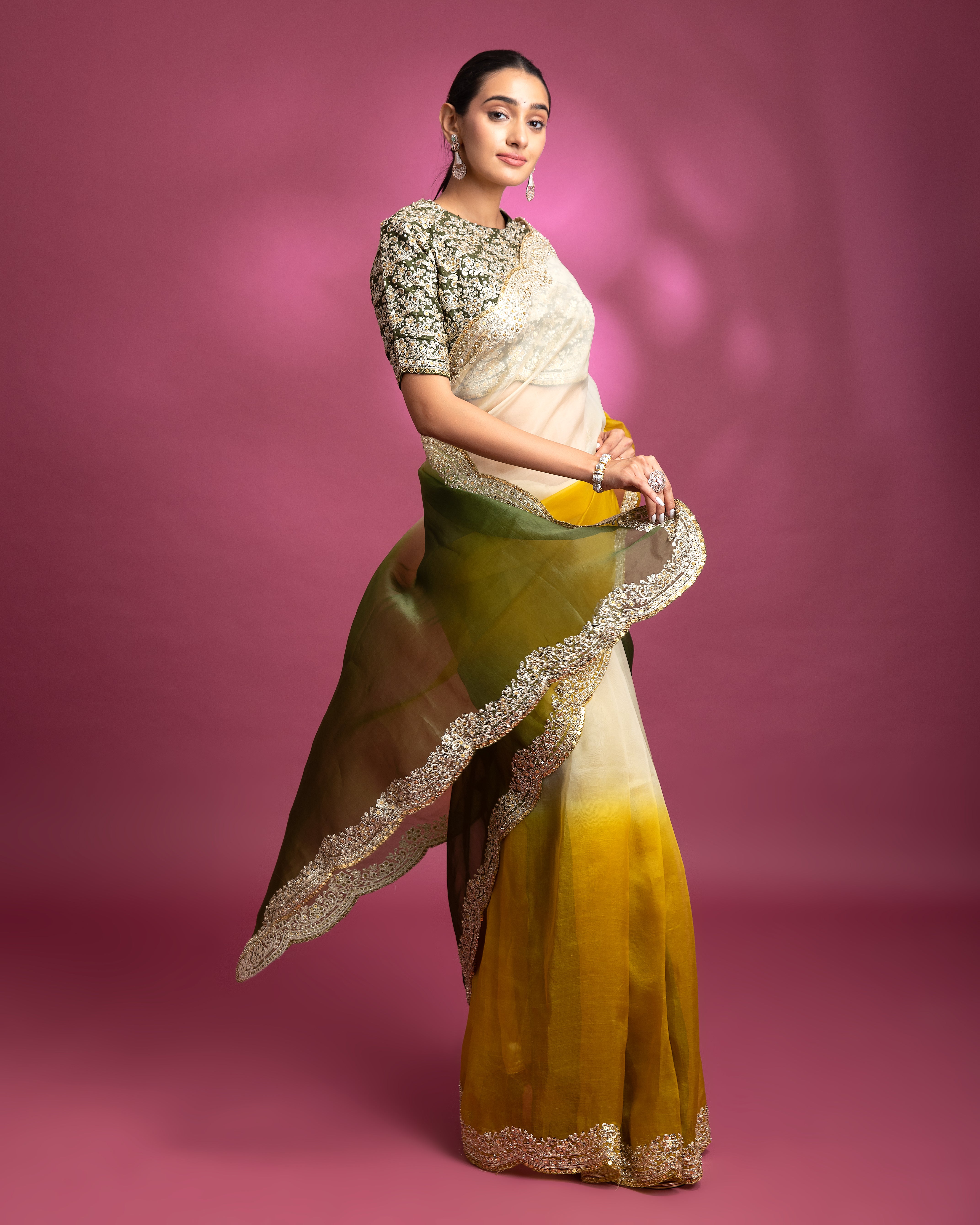 Yellow Green Ombre Organza Saree - Mokshaa