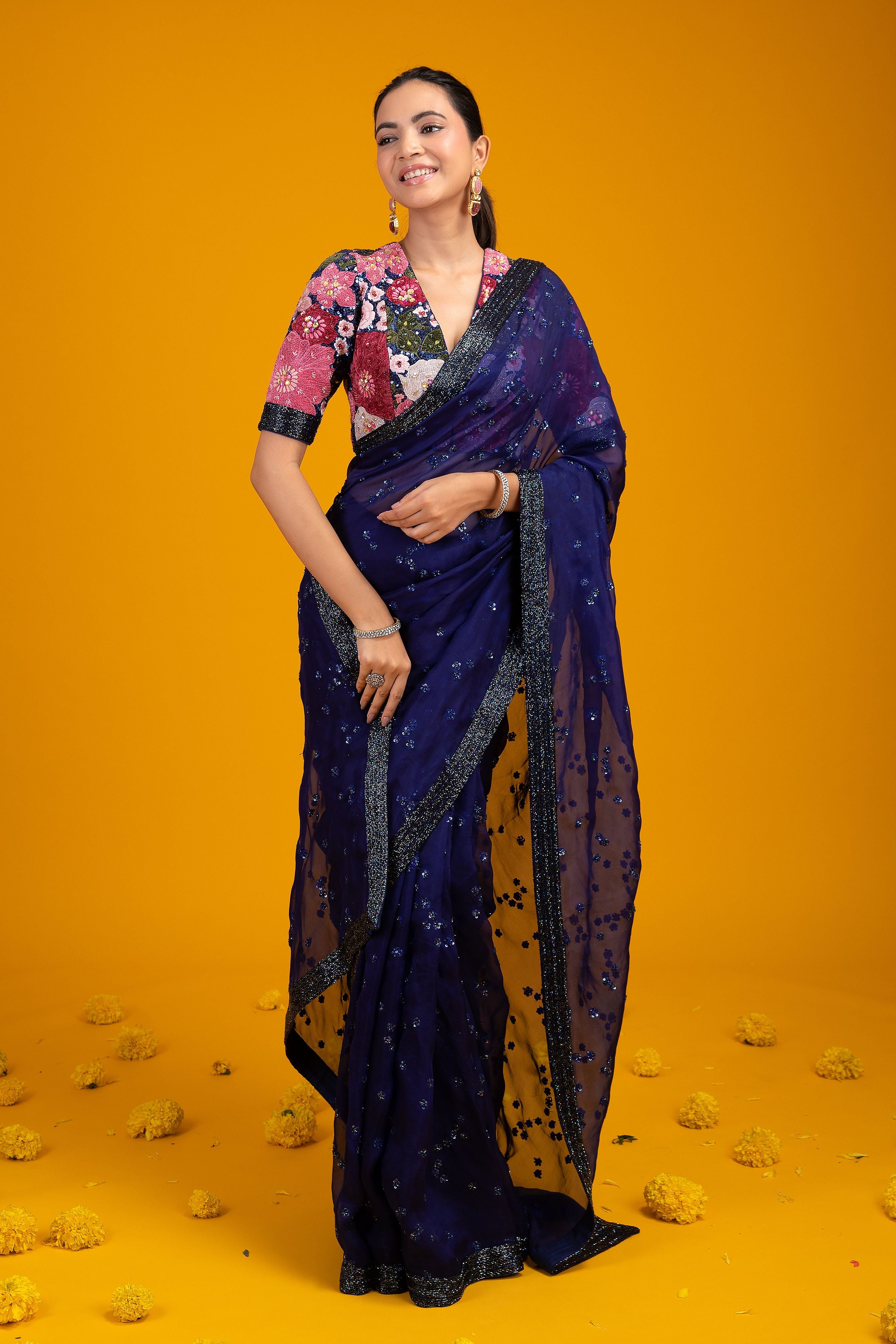 Navy Blue Sequined Organza Saree - Mokshaa